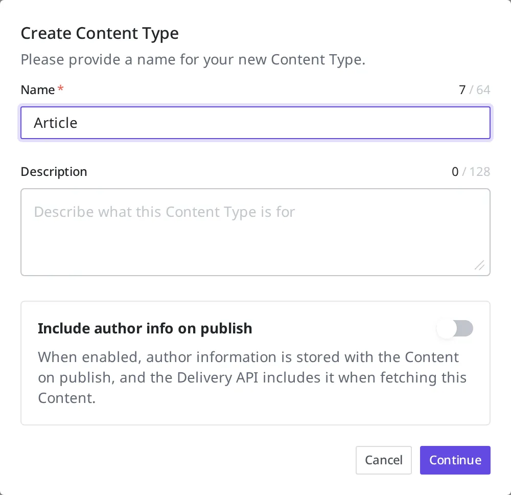 Create Content Type डायलॉग। नाम वाले बॉक्स में "Article" दर्ज किया हुआ रूप
