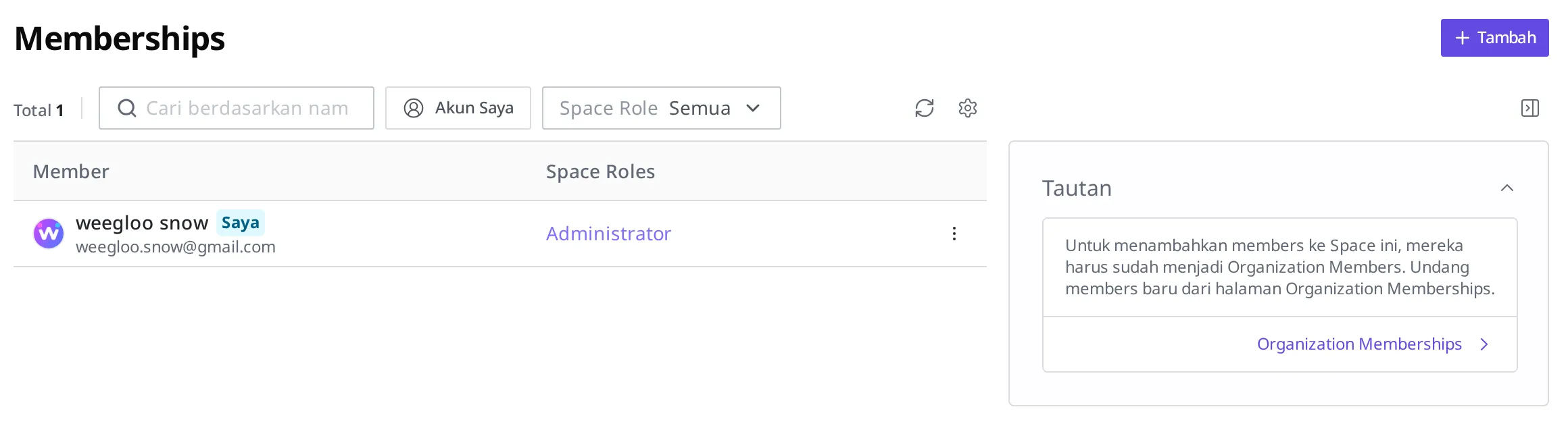 Layar Membership pada Space toko online. Daftar Member dan Space Role, tombol tambah di kanan atas, serta pemberitahuan "harus menjadi Organization Member terlebih dahulu" terlihat