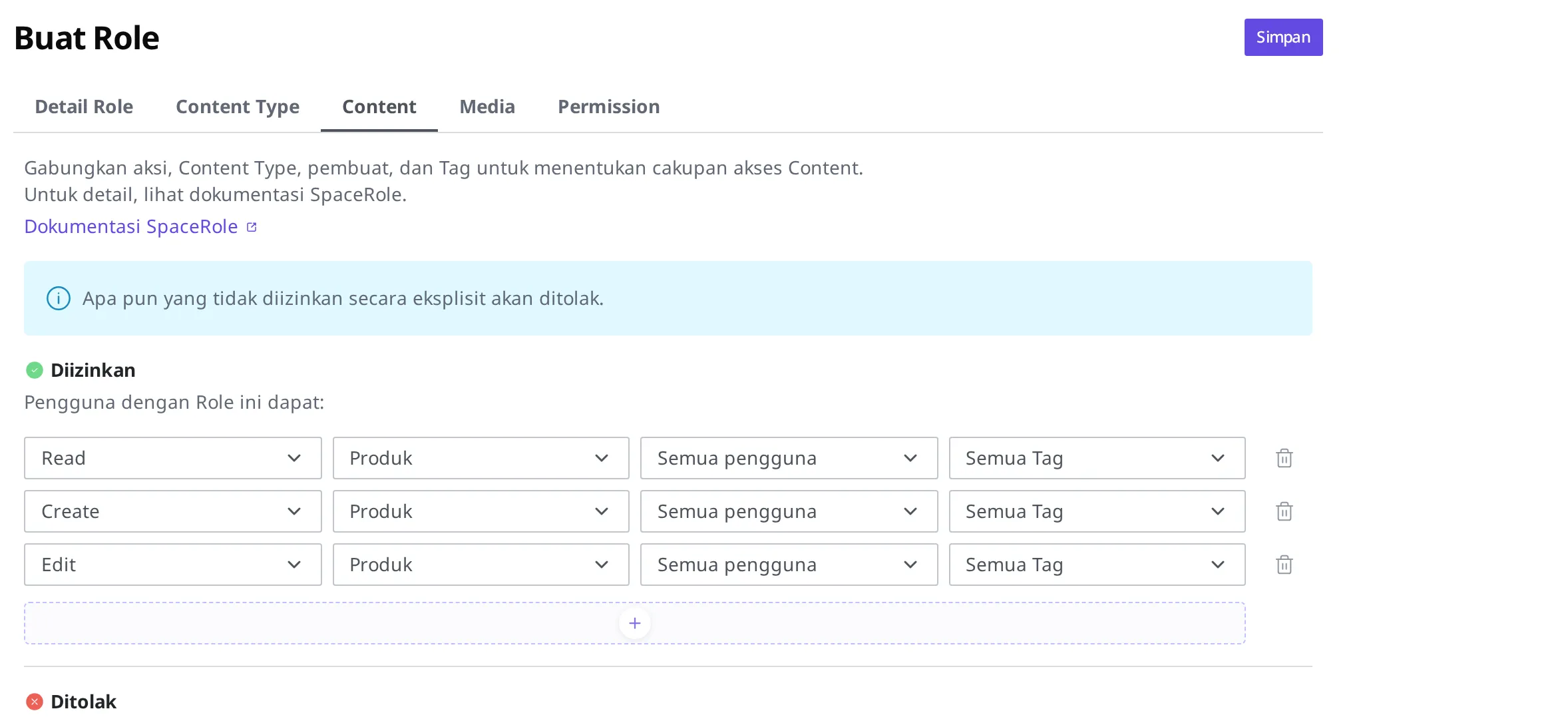 Keadaan tiga aturan Read, Create, Edit diizinkan dengan dibatasi ke "produk" pada tab izin Content