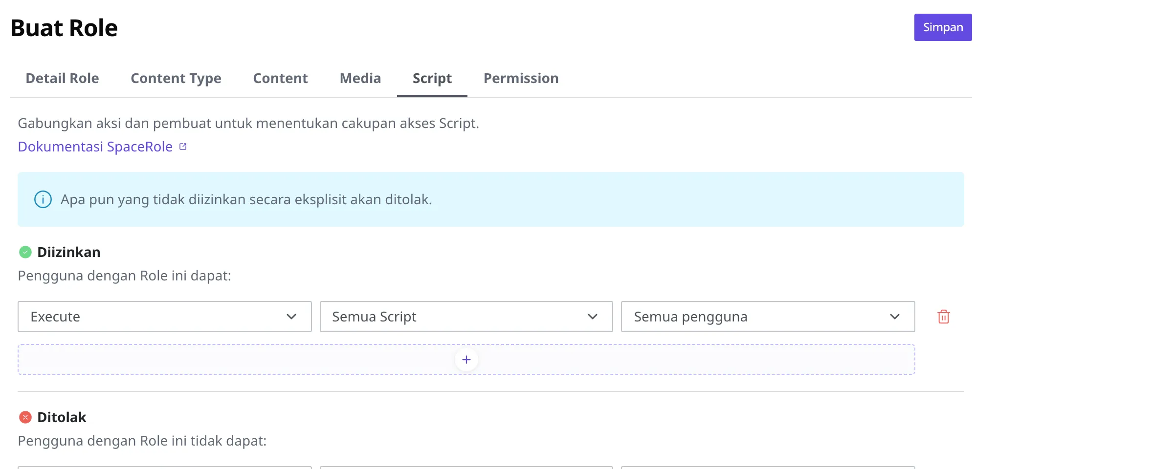 Tab izin Script pada editor Role. Keadaan satu baris aturan dengan tindakan Execute, cakupan Semua Script, dan pembuat Semua pengguna dimasukkan ke daftar Diizinkan