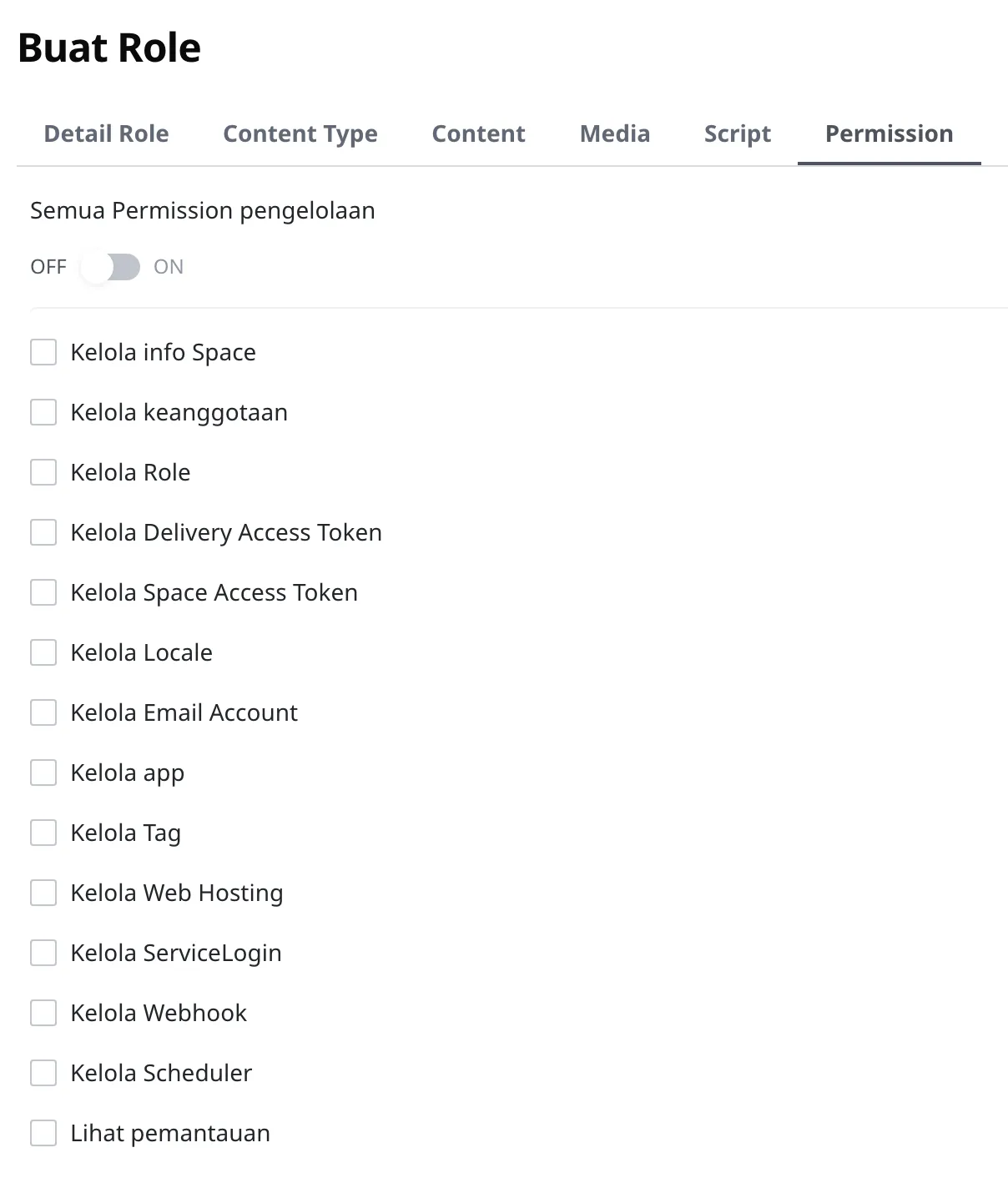 Tab Permission pada layar pembuatan Role. Sakelar Semua Permission pengelolaan di bagian atas nonaktif, dan 14 item di bawahnya juga nonaktif