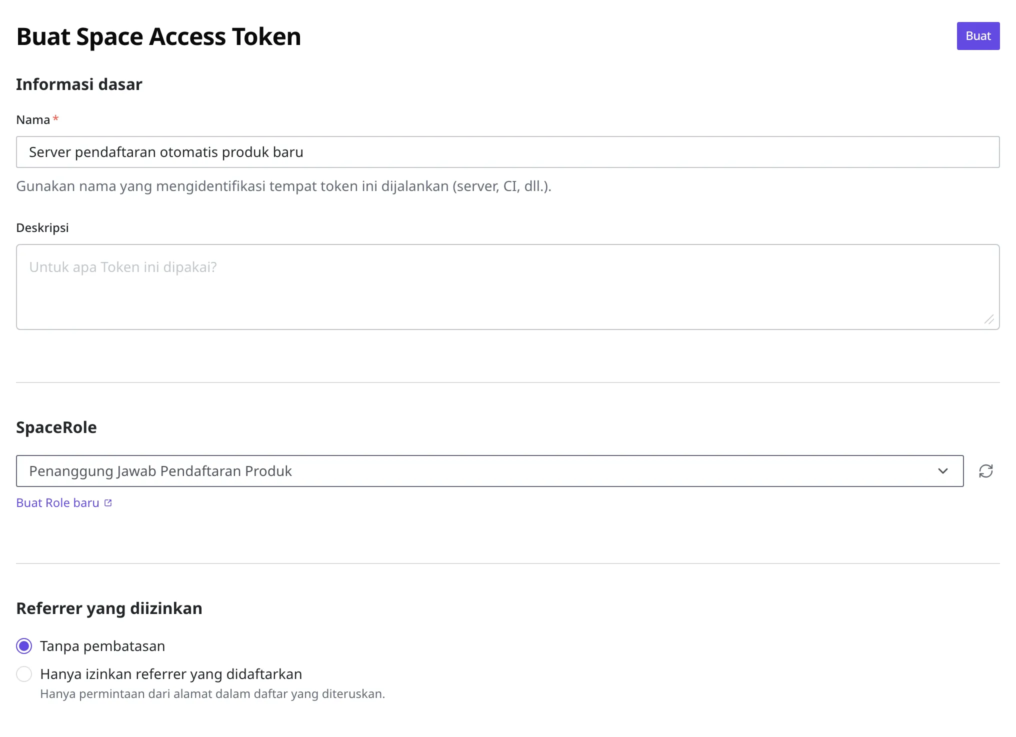 Layar pembuatan Space Access Token. Kolom Nama berisi "Server pendaftaran otomatis produk baru", SpaceRole dipilih "Penanggung Jawab Pendaftaran Produk", Referrer yang diizinkan bernilai "Tanpa pembatasan", dan tombol Buat ada di kanan atas
