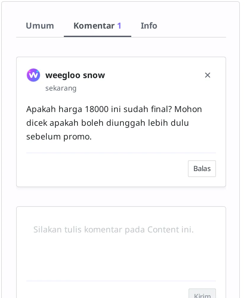 Tab komentar pada layar Content tumbler. Komentar "Apakah harga 18000 ini sudah final?" tampil bersama penulis dan waktu penulisan