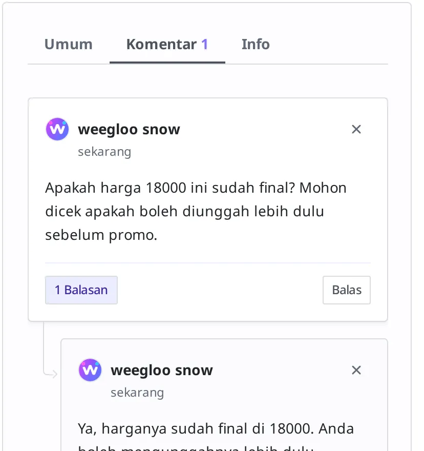Di bawah komentar "Apakah harga 18000 ini sudah final?", balasan "Ya, harganya sudah final di 18000. Anda boleh mengunggahnya lebih dulu sebelum promo." tampil terkelompok dengan garis penghubung dan indentasi bersama tombol "1 balasan"