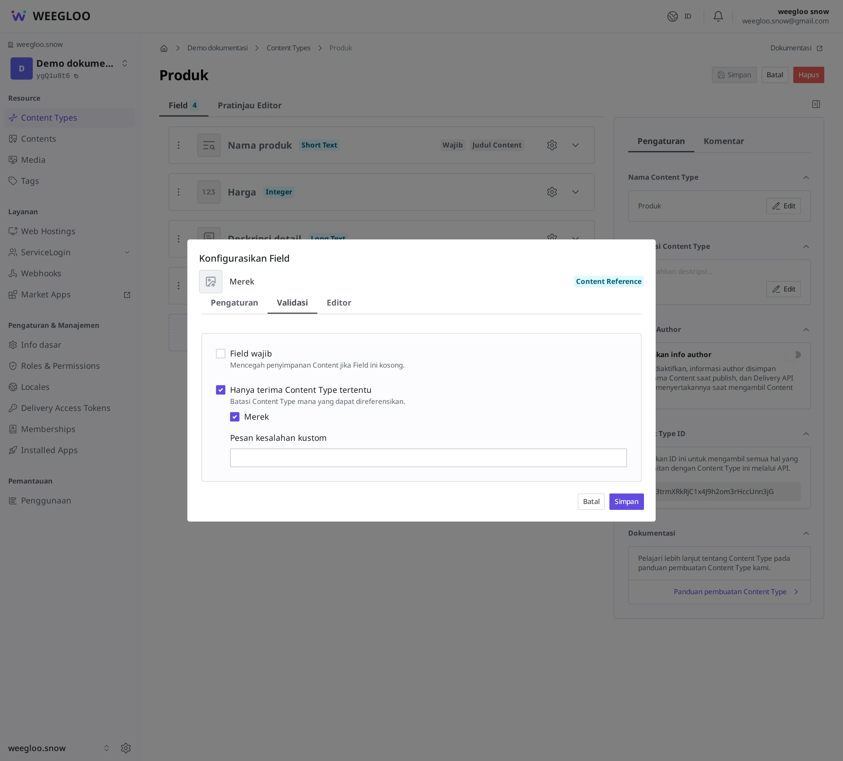 Layar pengaturan rinci kotak merek produk (Content Reference Field). Tampilan ketika menyalakan Hanya terima Content Type tertentu pada validasi dan memilih "Merek"