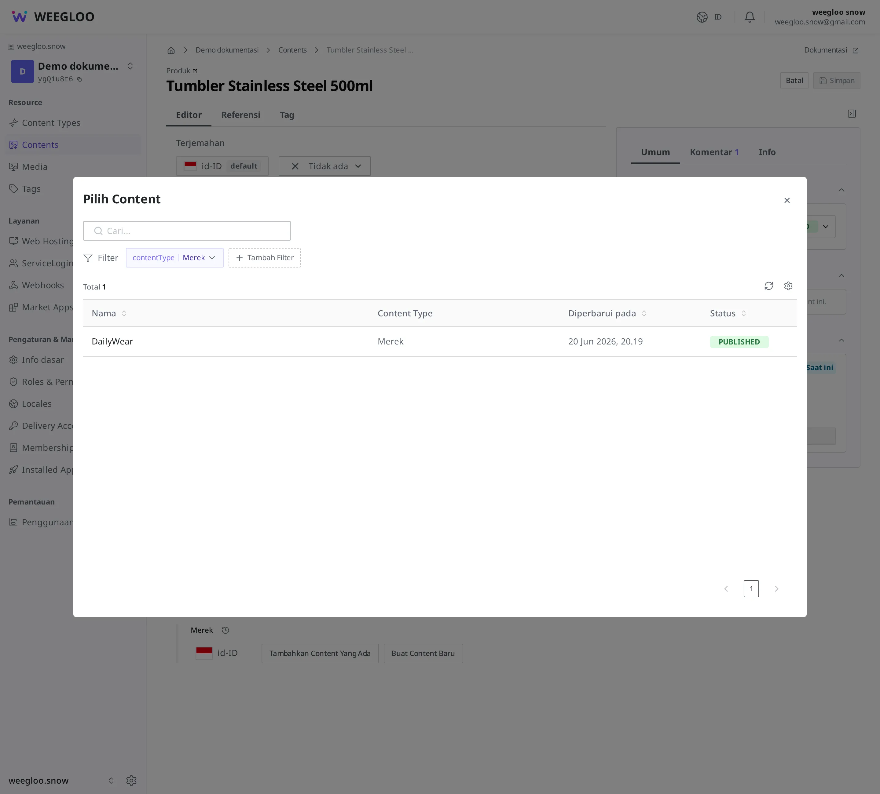 Jendela pemilihan Content yang terbuka setelah menekan tambah Content yang sudah ada pada kotak merek di layar penyuntingan produk. Tampilan ketika "DailyWear" terlihat pada daftar yang disaring dengan "Merek"
