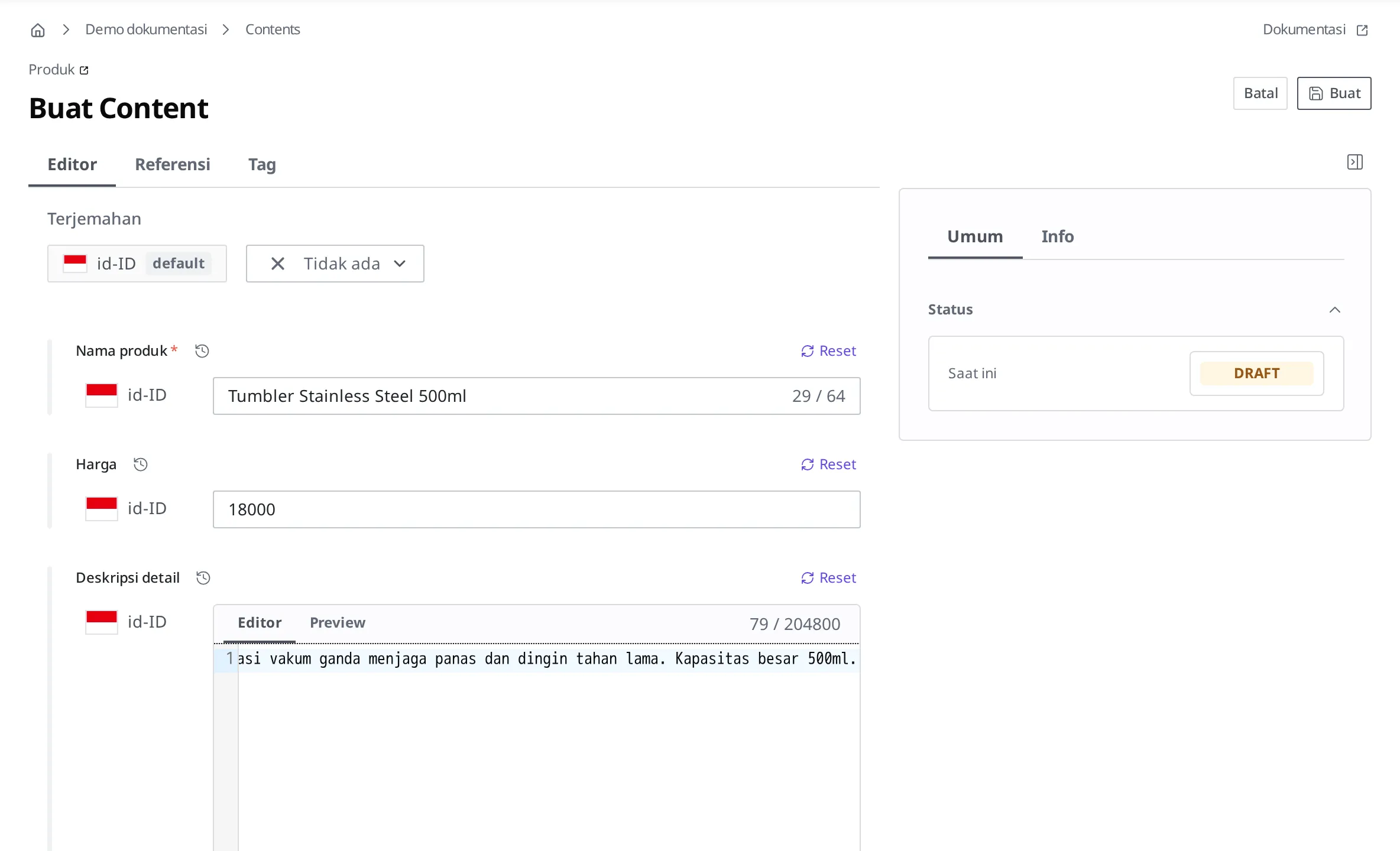 Layar penulisan Content. Nama produk, harga, dan deskripsi detail sudah terisi, dan ada tombol buat di kanan atas