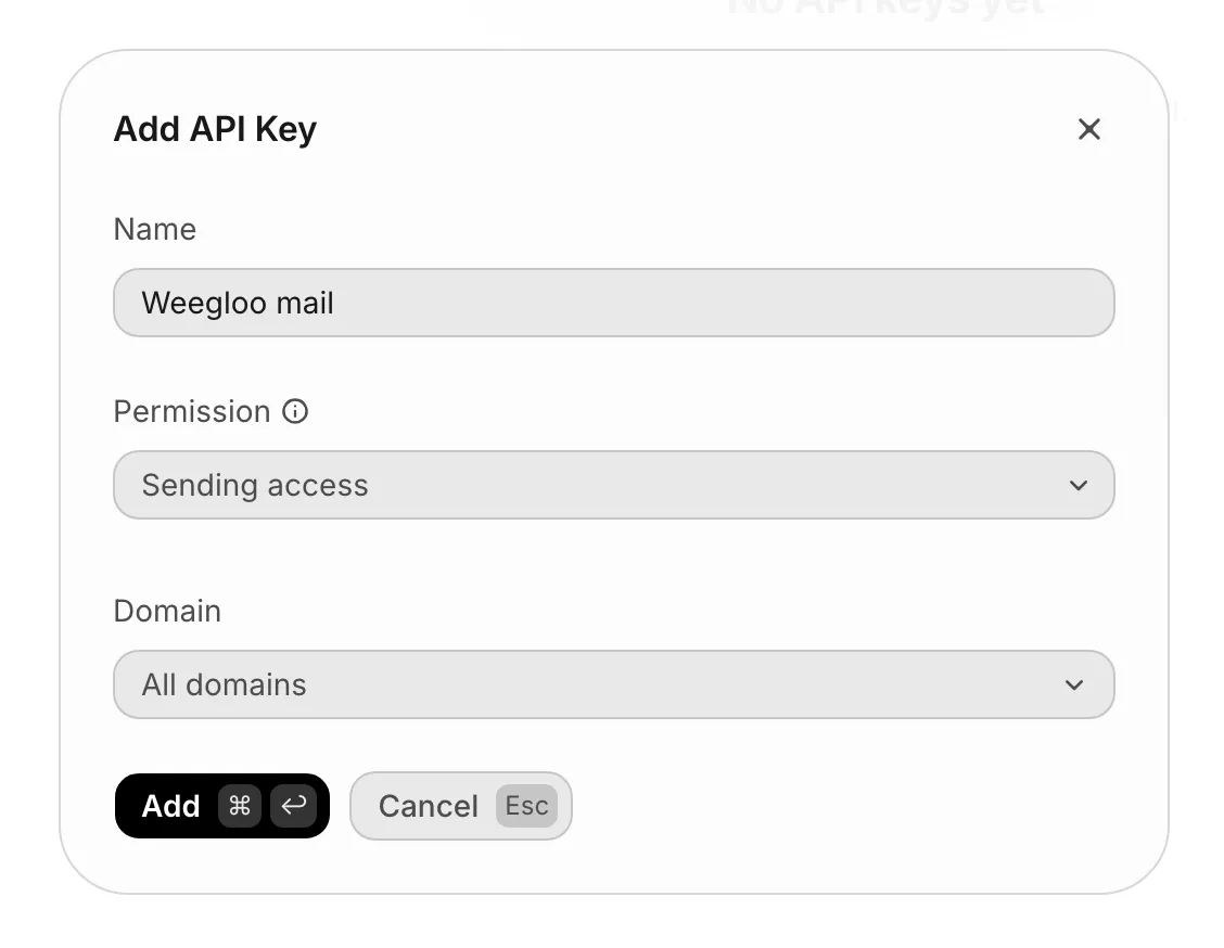 Jendela Add API Key. Nama sudah dimasukkan ke Name, Permission disetel ke Sending access, dan Domain ke All domains