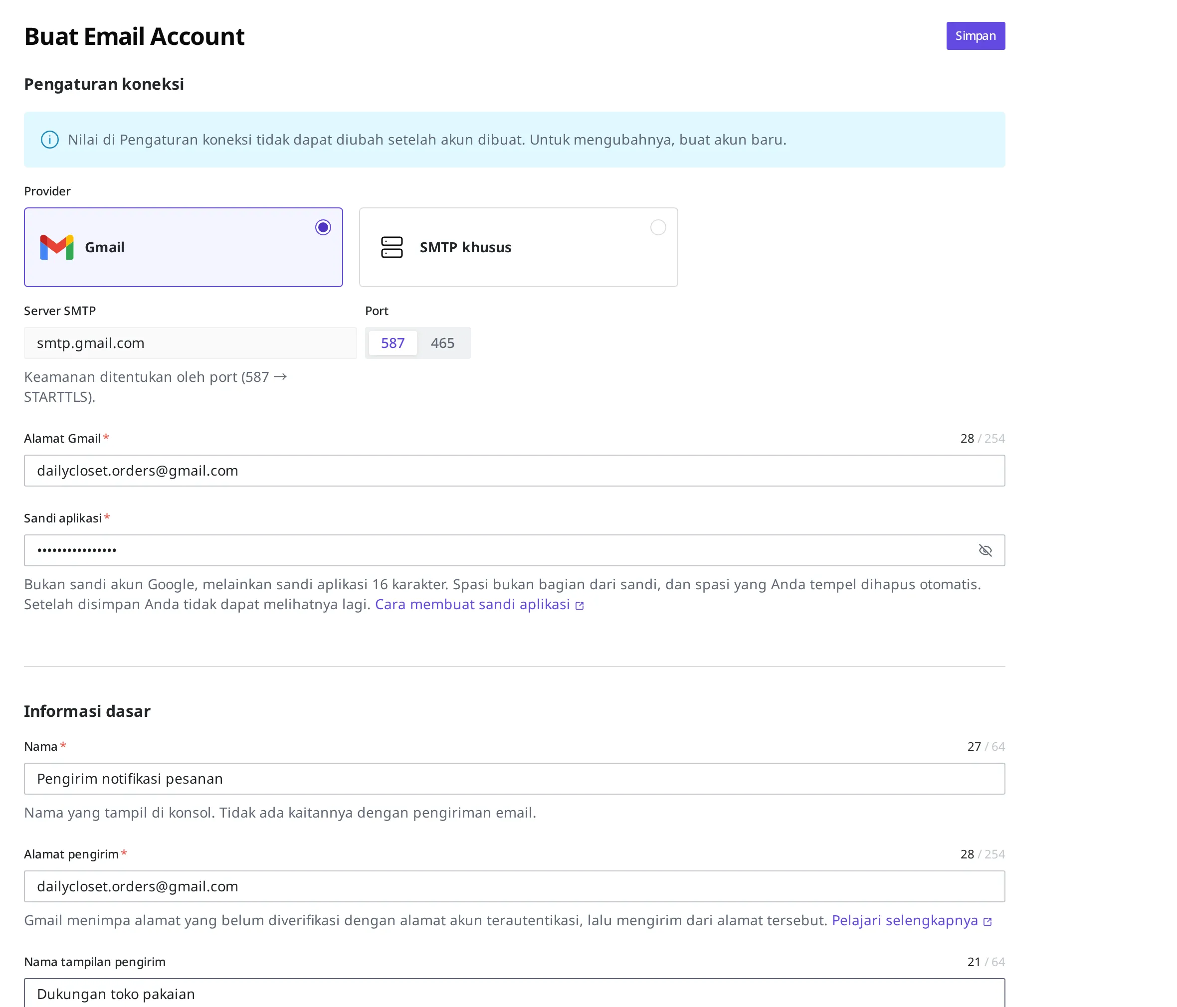 Layar pembuatan Email Account. Gmail dipilih sebagai Provider sehingga Server SMTP dan Port terisi otomatis, dan Alamat Gmail, Sandi aplikasi, Nama, Alamat pengirim, serta Nama tampilan pengirim telah diisi