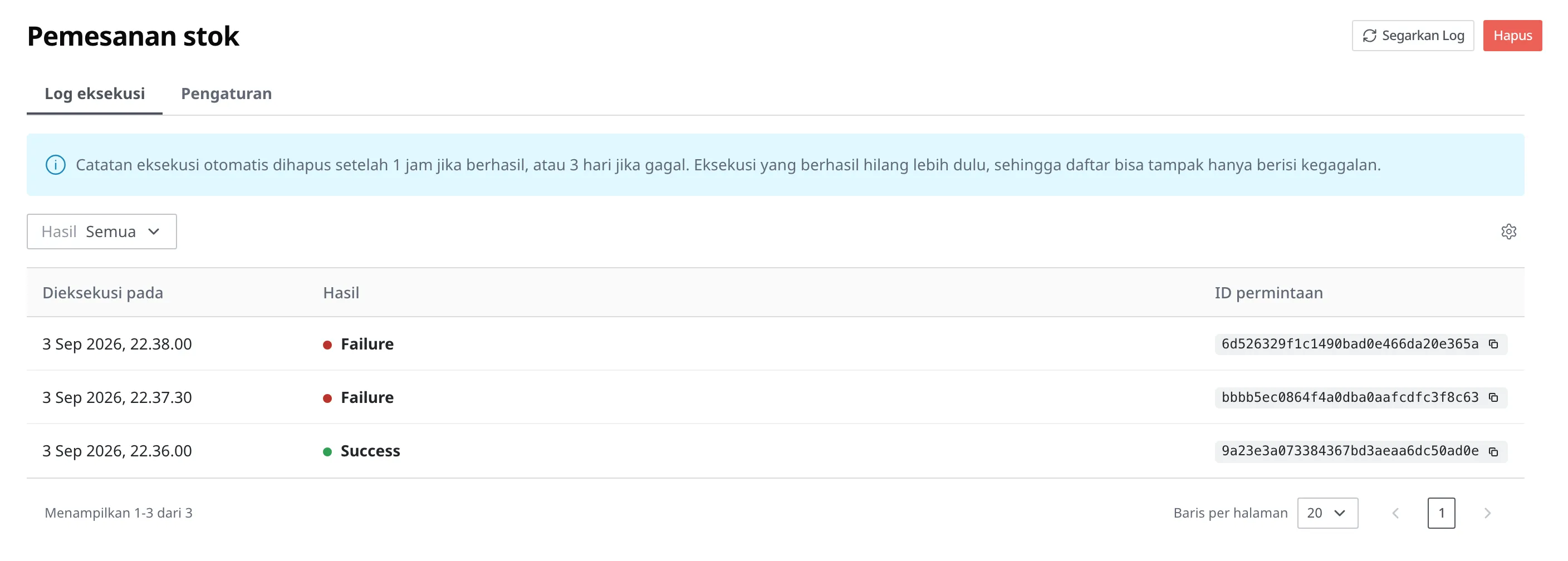 Tab Log eksekusi pada layar detail Scheduler. Tampilan dengan tiga eksekusi "Pemesanan stok" (2 gagal, 1 berhasil) terlihat pada kolom Dieksekusi pada, Hasil, dan ID permintaan