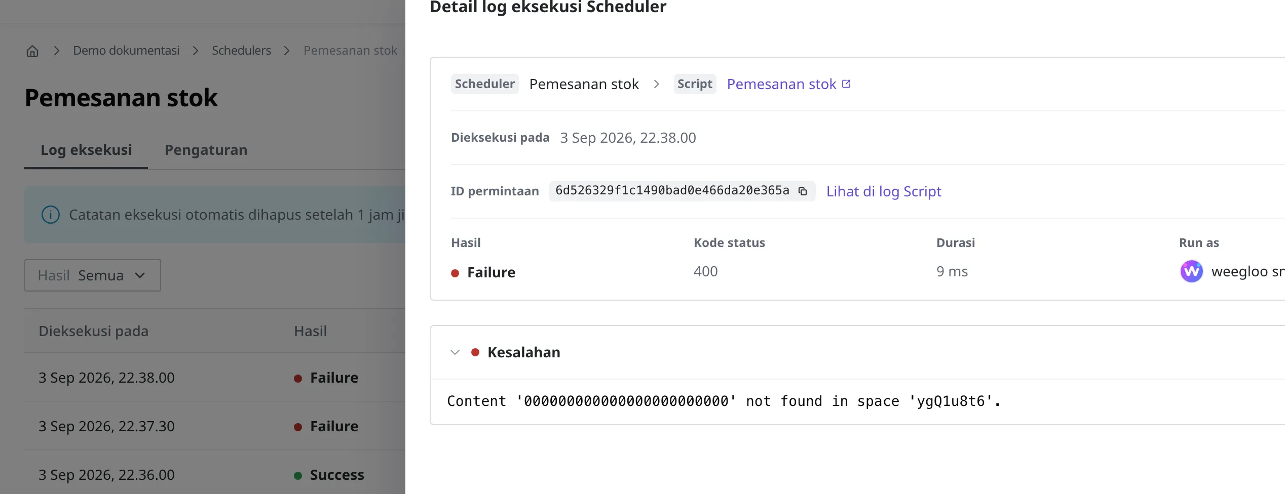 Layar detail log eksekusi Scheduler (putaran yang gagal). Tampilan dengan Dieksekusi pada dan ID permintaan muncul bersama Hasil Failure, Kode status, Durasi, dan Run as, sedangkan alasan kegagalan terlihat di area Kesalahan
