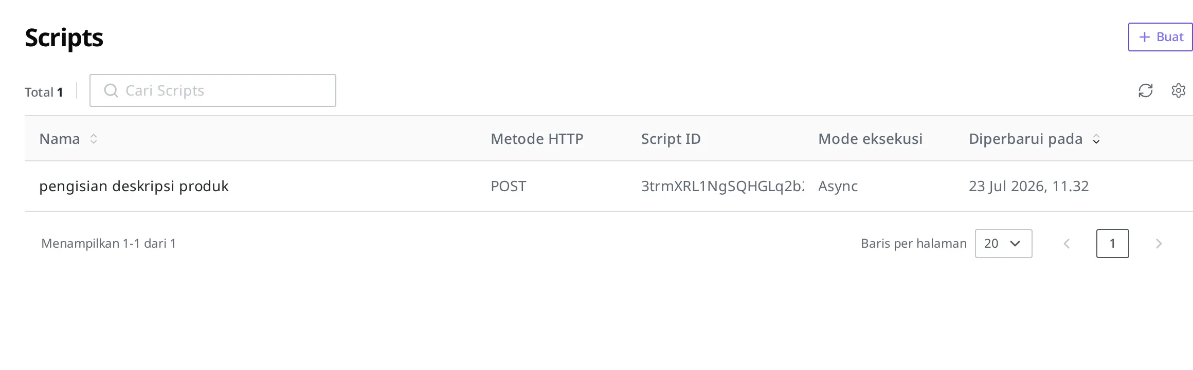 Layar daftar Script. Script "pengisian deskripsi produk" tampil sebagai satu baris dengan metode HTTP POST dan mode eksekusi Async