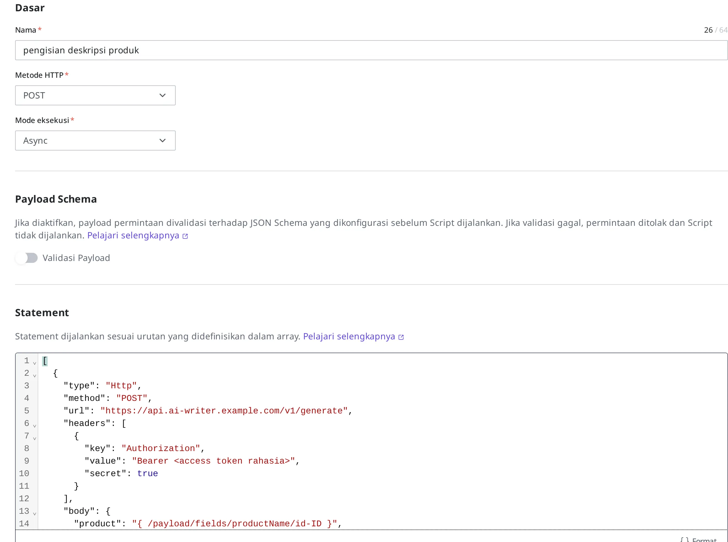 Layar pembuatan Script baru. Nama "pengisian deskripsi produk", metode HTTP POST, mode eksekusi Async, dan definisi dimasukkan ke kolom Statement