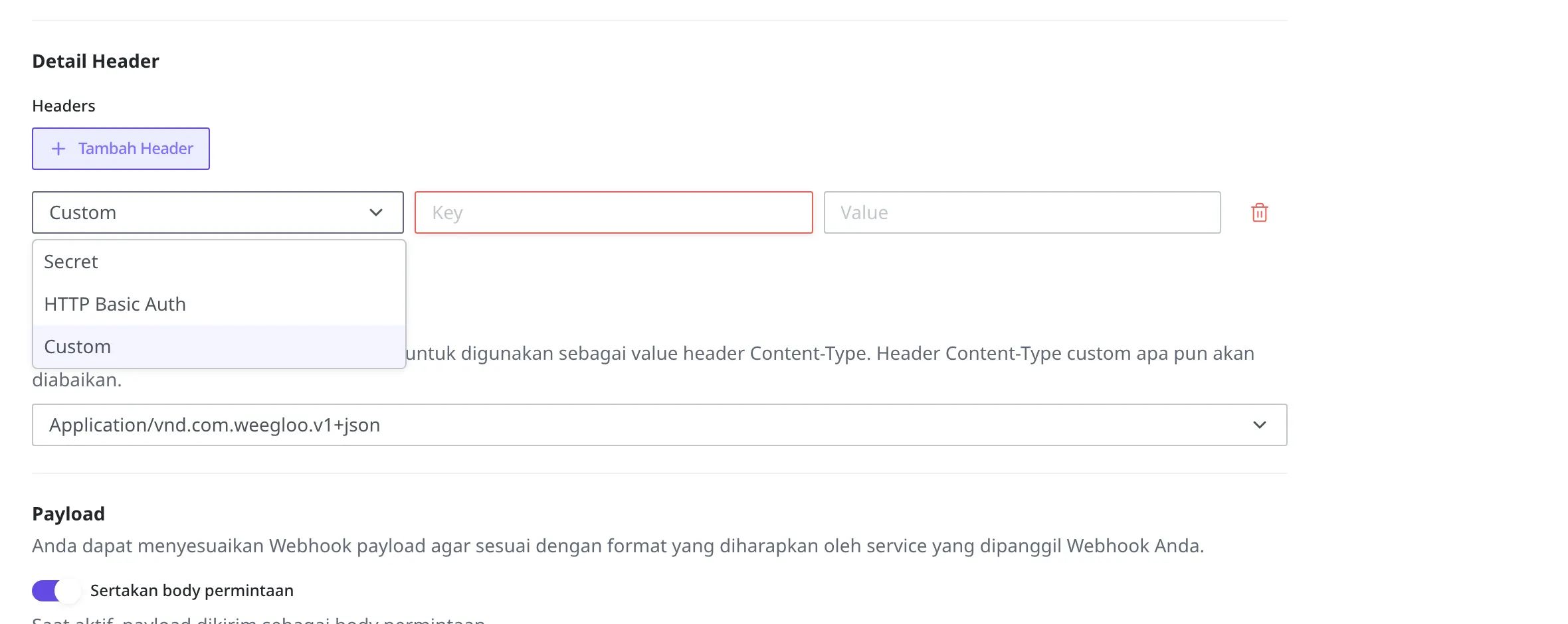 Tampilan dropdown tipe yang terbuka saat menambahkan header. Anda memilih di antara Secret · HTTP Basic Auth · Custom