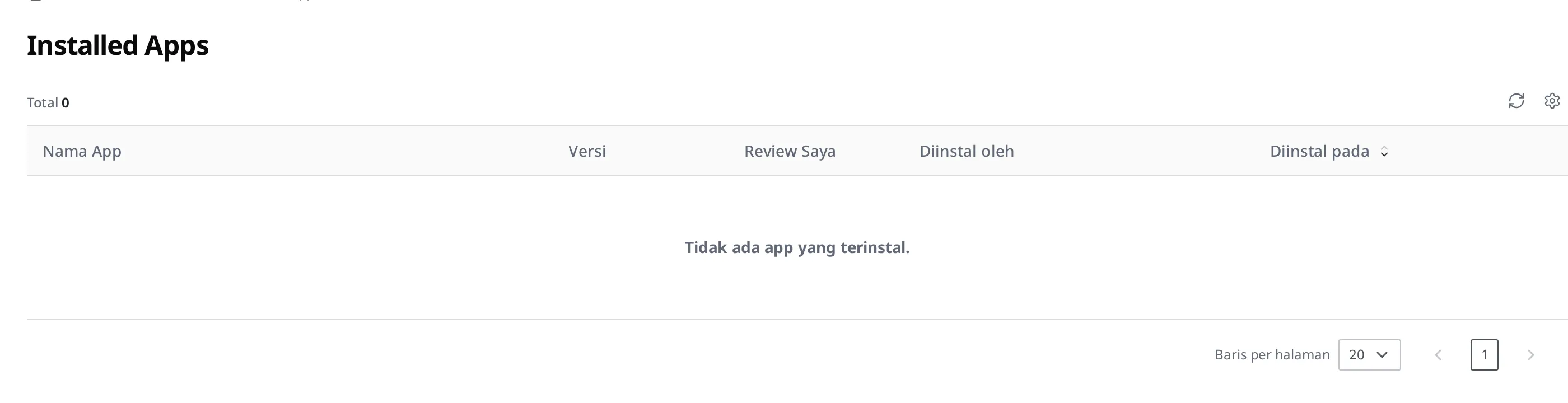 Layar riwayat pemasangan App. Daftar yang menampilkan kolom Nama App, Versi, Review Saya, Diinstal oleh, Diinstal pada (jika belum ada App yang dipasang, muncul sebagai daftar kosong yang hanya berisi judul kolom)