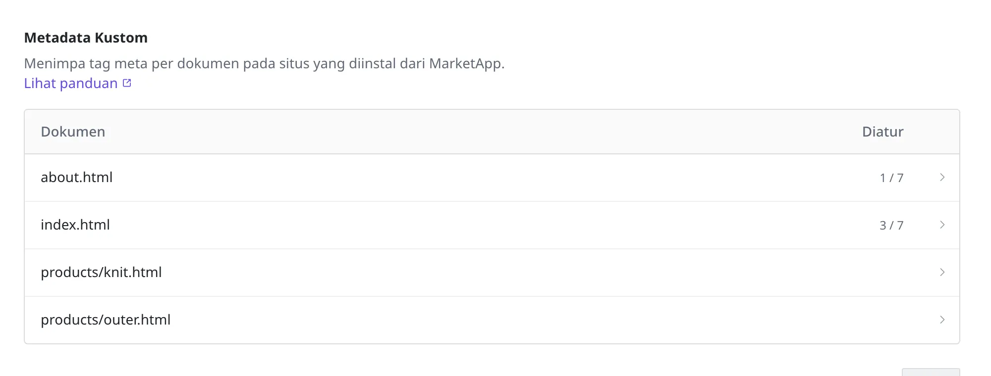 Tabel metadata khusus. about.html dan index.html menunjukkan 1/7 dan 3/7 pada kolom yang diatur, sedangkan dua dokumen di bawah products kosong