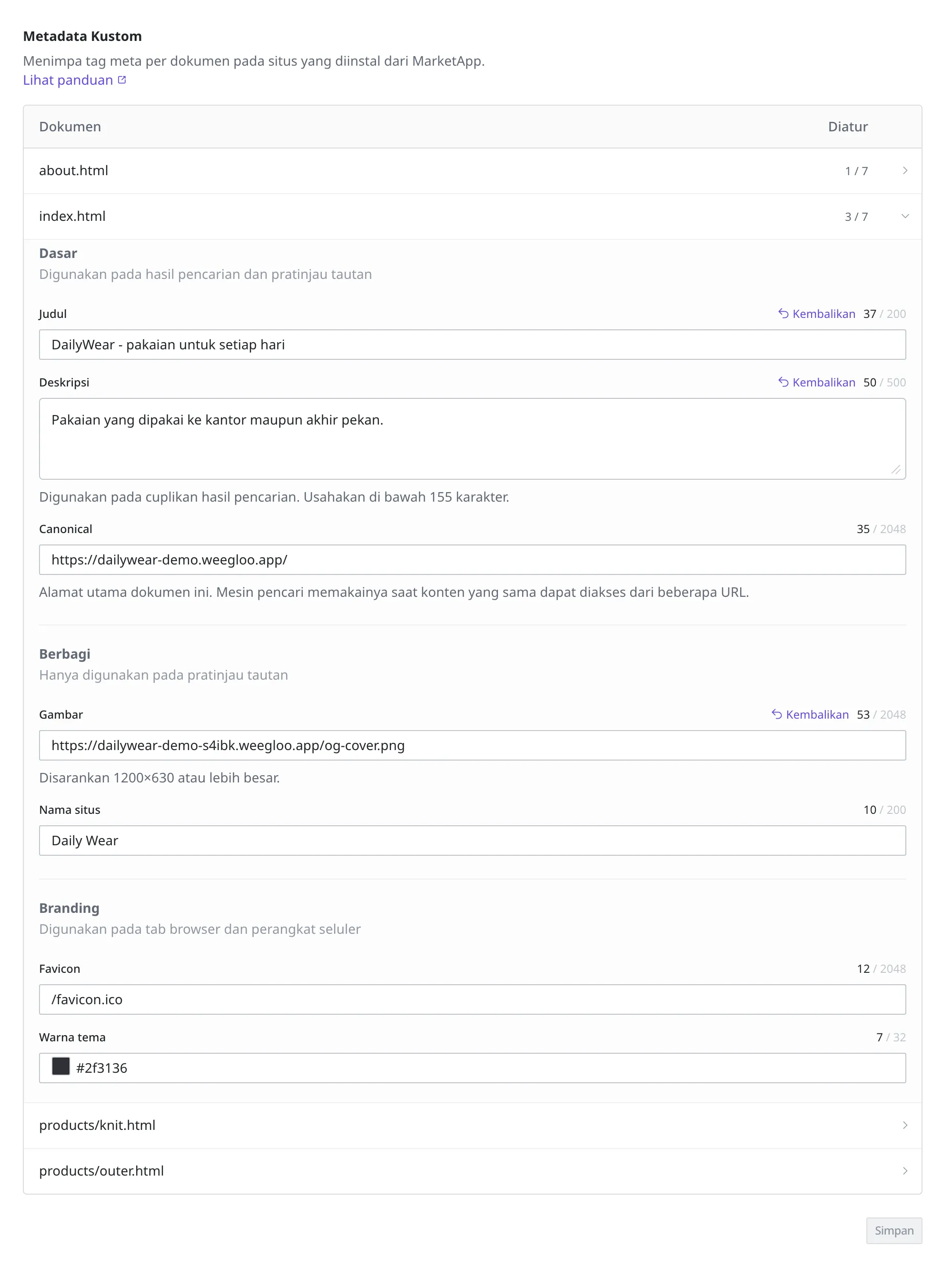 Layar dengan baris index.html terbuka. Terlihat kolom dari tiga kelompok: Dasar (Judul, Deskripsi, Canonical), Berbagi (Gambar, Nama situs), Branding (Favicon, Warna tema)