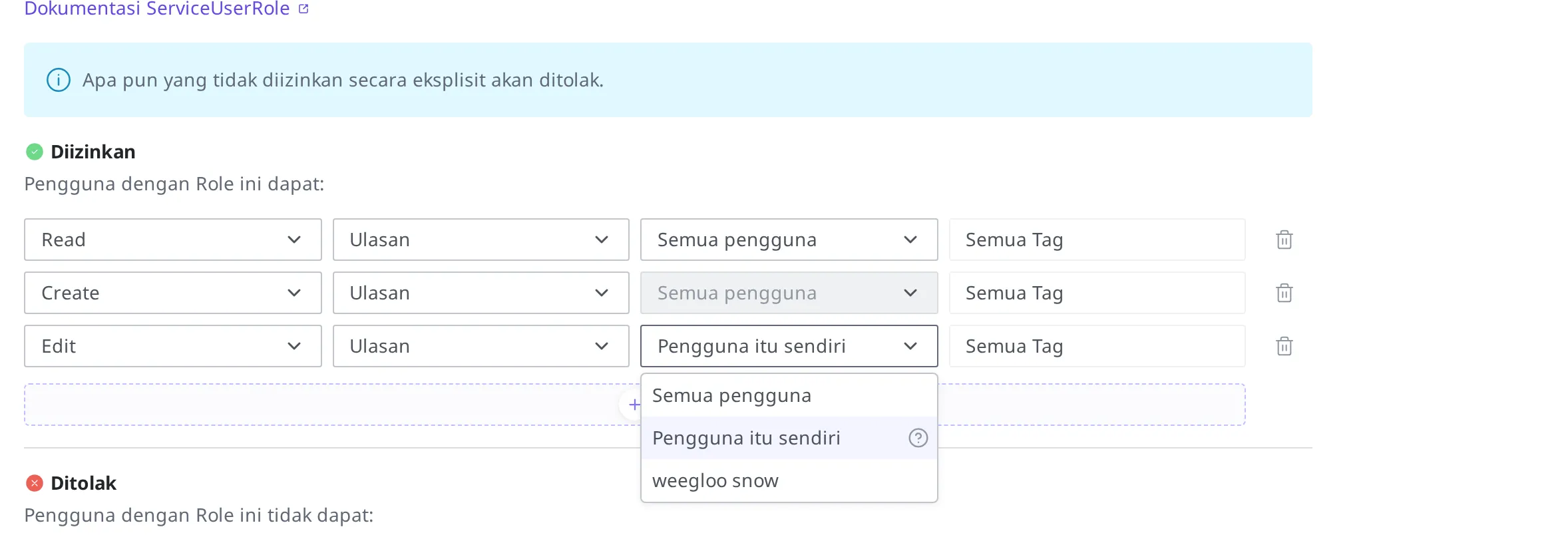Layar saat kolom pembuat pada aturan Edit dibuka. Bersama Semua pengguna dan Pengguna itu sendiri, nama pengguna yang dapat ditentukan terlihat pada daftar