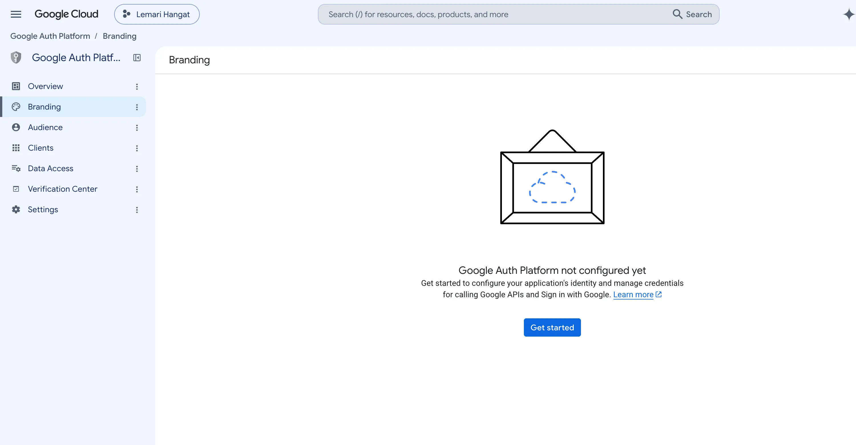 Layar Branding pada Google Auth Platform. Terlihat keterangan "Google Auth Platform not configured yet" dan tombol Get started
