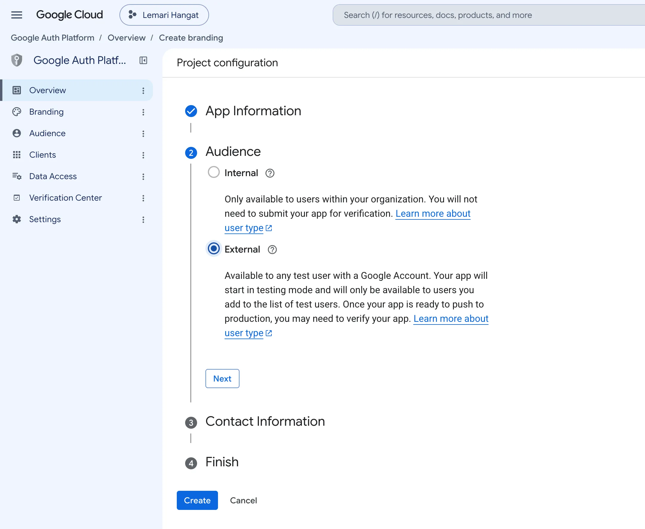 Langkah 2 Audience pada Project configuration. Di antara Internal dan External, yang terpilih adalah External
