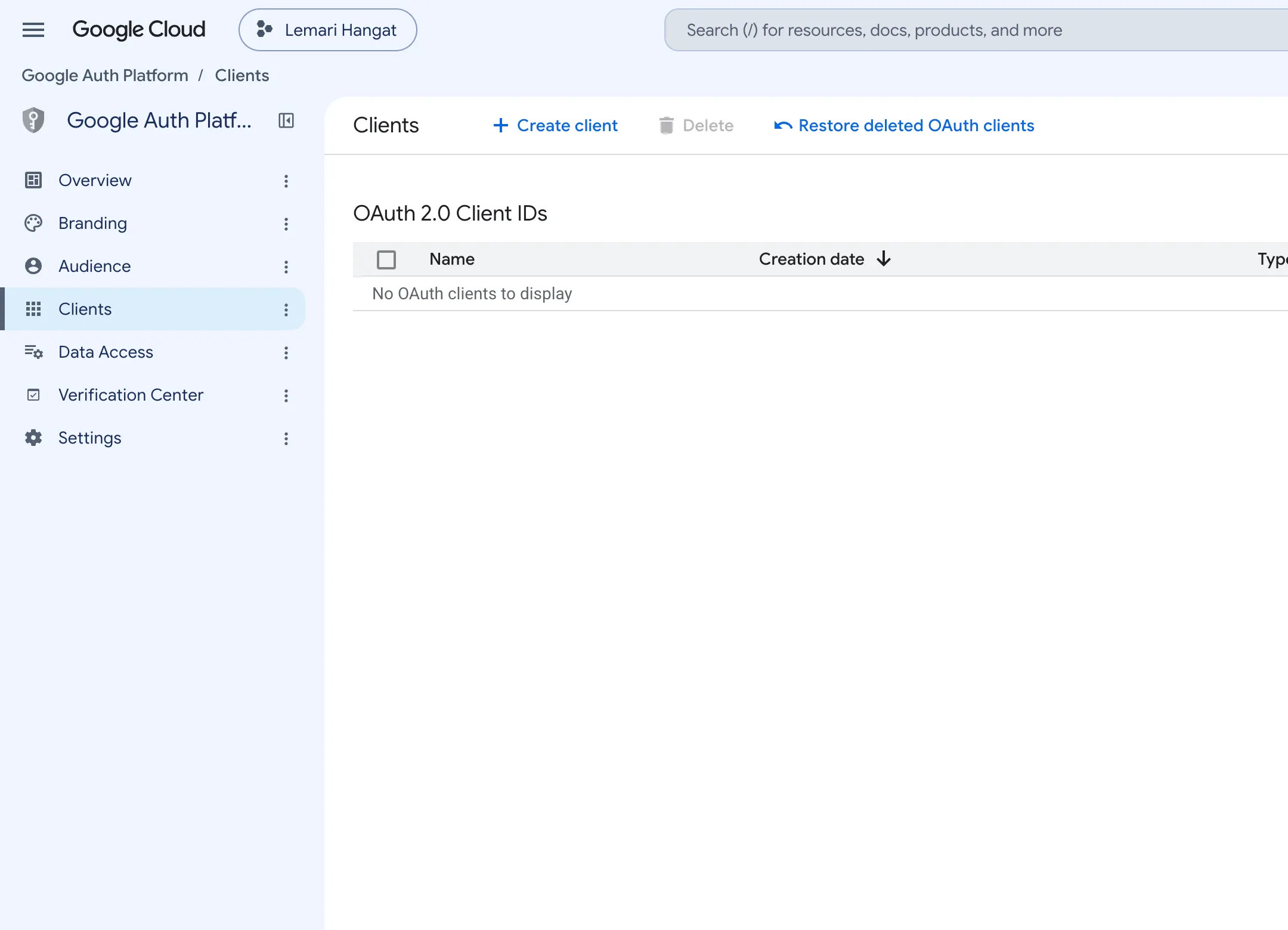 Layar Clients. Daftar OAuth 2.0 Client IDs masih kosong dan Create client ada di atasnya