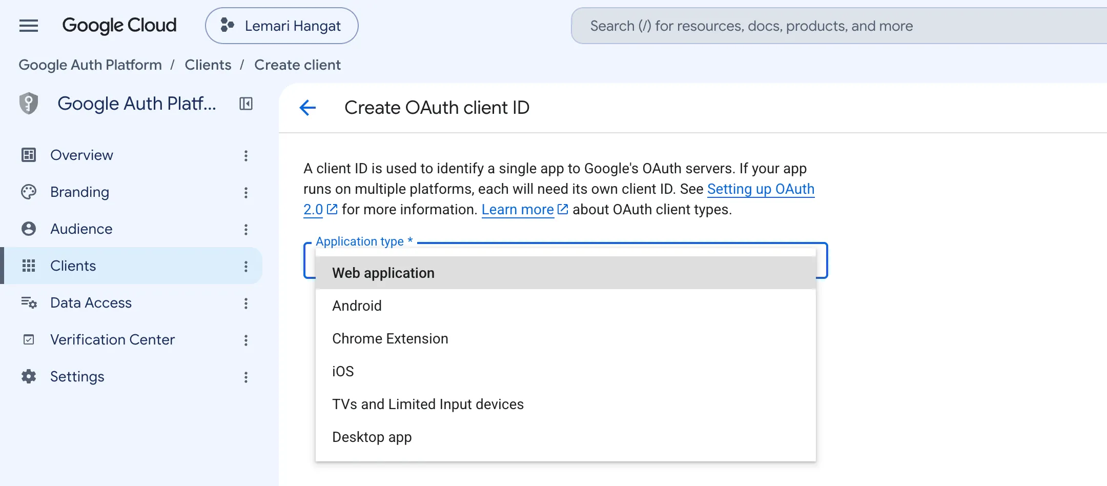 Daftar Application type terbuka dan memperlihatkan enam jenis termasuk Web application