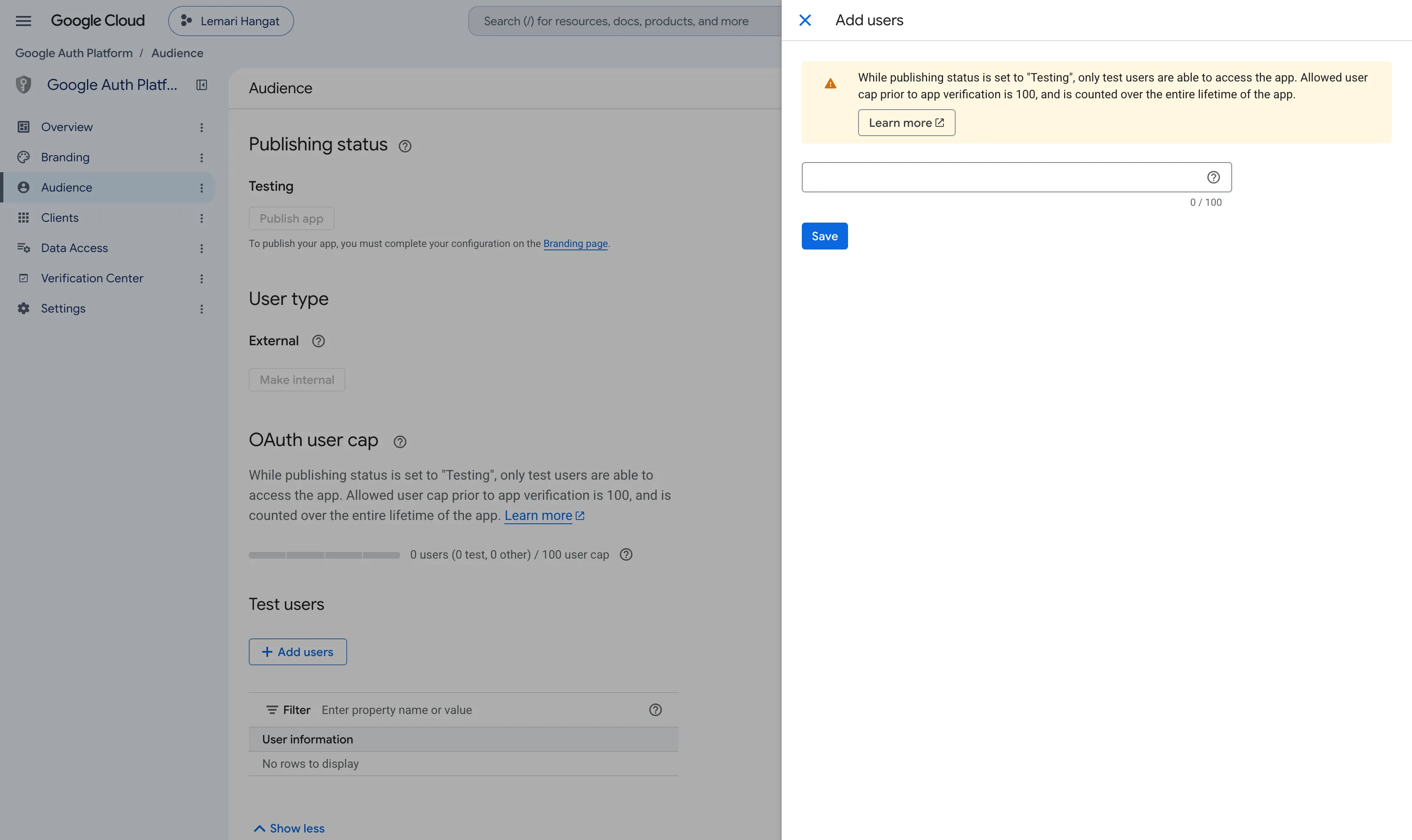 Area Test users pada layar Audience dengan panel Add users terbuka di sebelah kanan
