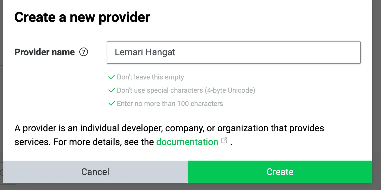 Jendela pembuatan Provider. Kolom Provider name sudah terisi nama toko, dan di bawahnya ada tombol Cancel dan Create