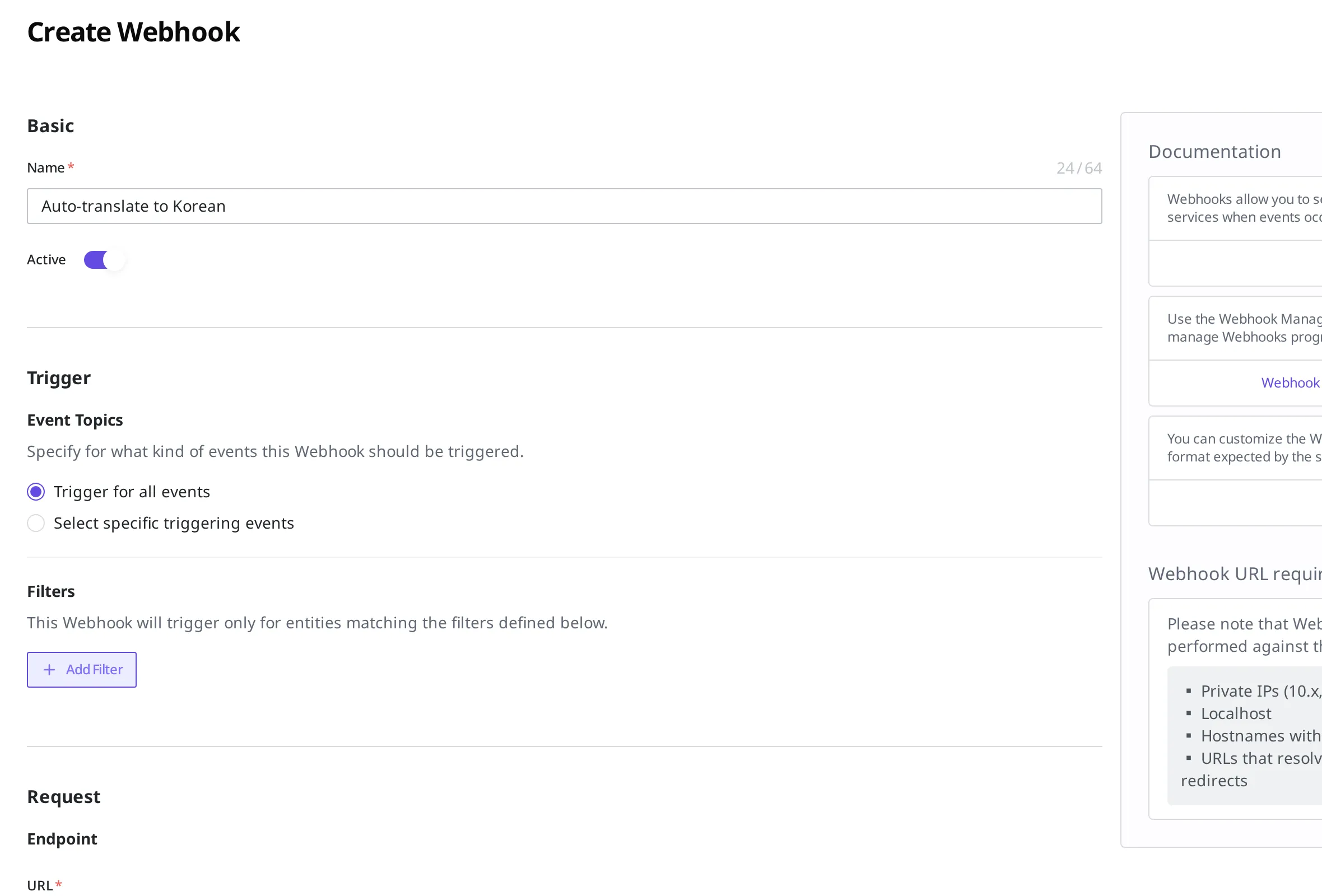 Layar pembuatan Webhook. Tampilan saat memasukkan nama dan URL server eksternal lalu memilih peristiwa