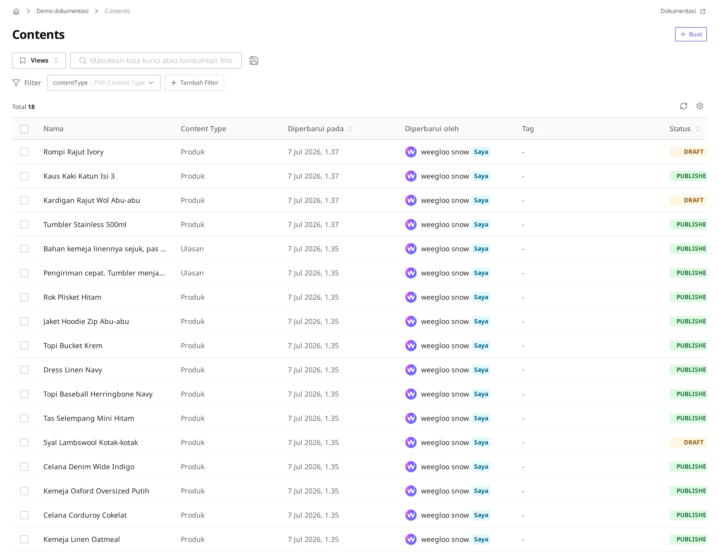 Seluruh layar daftar Content. Terlihat tombol Views dan kotak input kata kunci di kiri atas, area filter di bawahnya, tabel daftar di tengah, dan navigasi halaman di bagian bawah