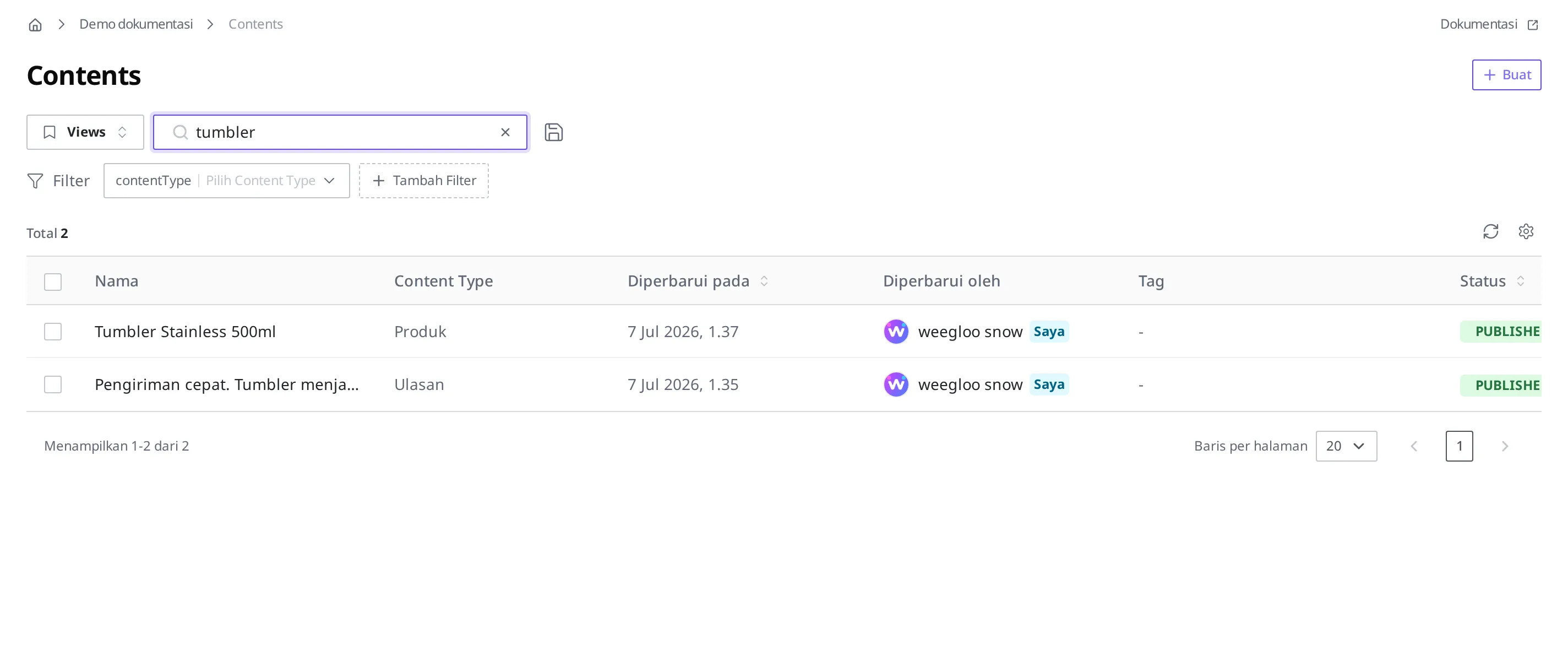 Daftar Content setelah mengetik "tumbler" di kotak input kata kunci. Produk yang namanya mengandung tumbler dan ulasan yang menyebut tumbler di isinya sama-sama tetap ada