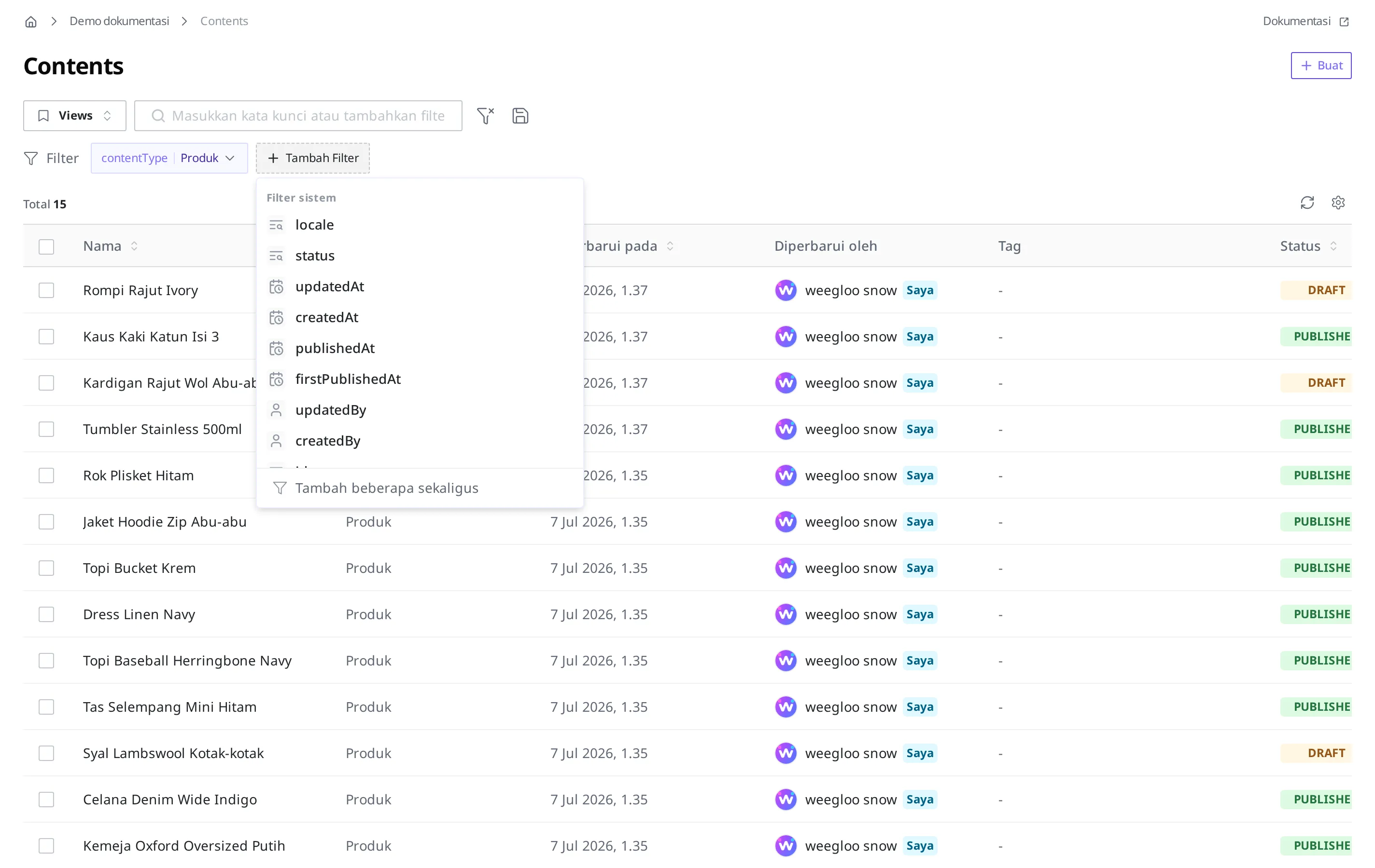 Daftar Filter sistem yang terbuka saat menekan tombol Tambah Filter. Terlihat locale, status, updatedAt, dan lainnya