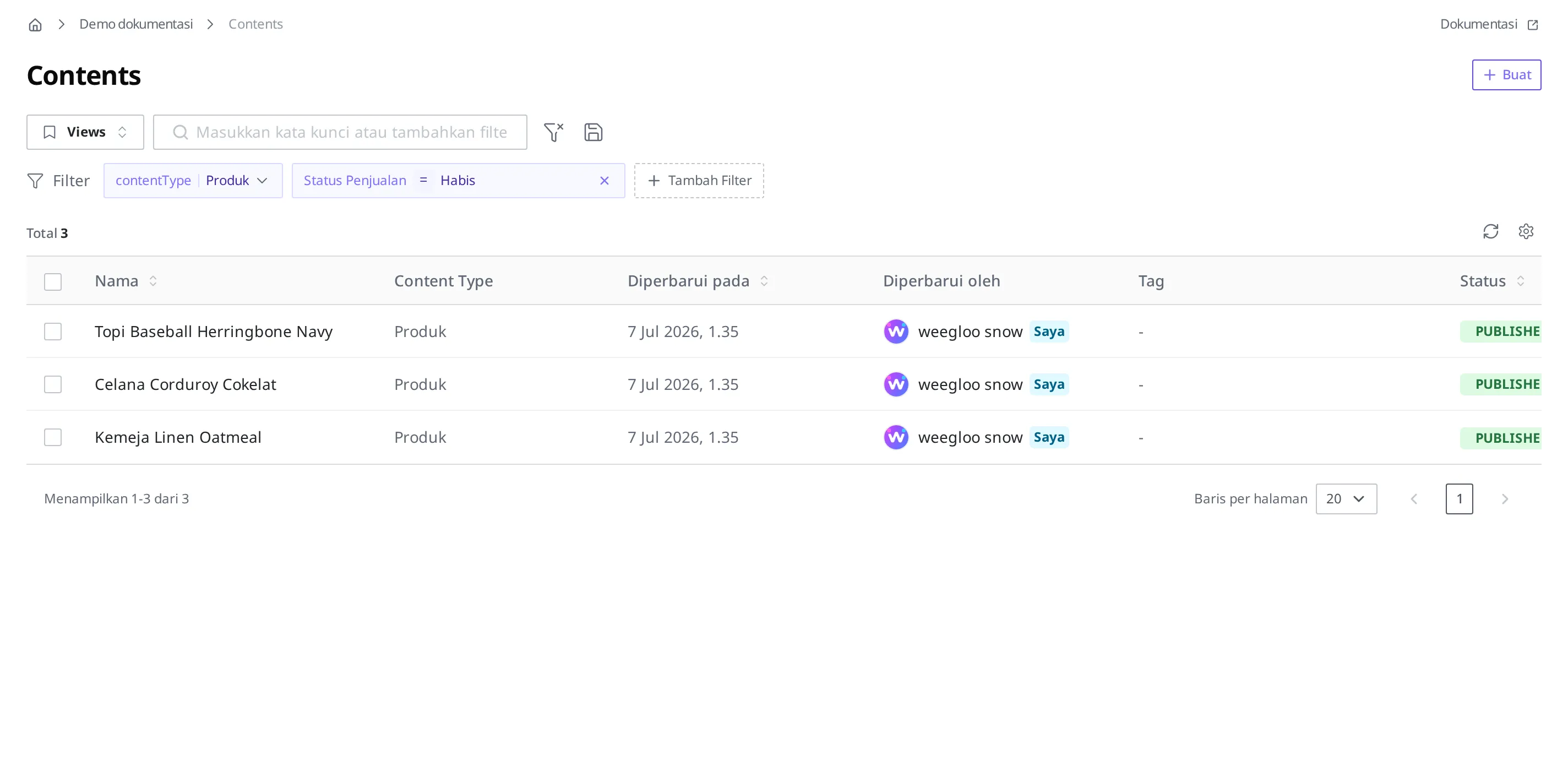 Daftar Content yang hanya menyisakan produk habis karena filter Status Penjualan = Habis diterapkan