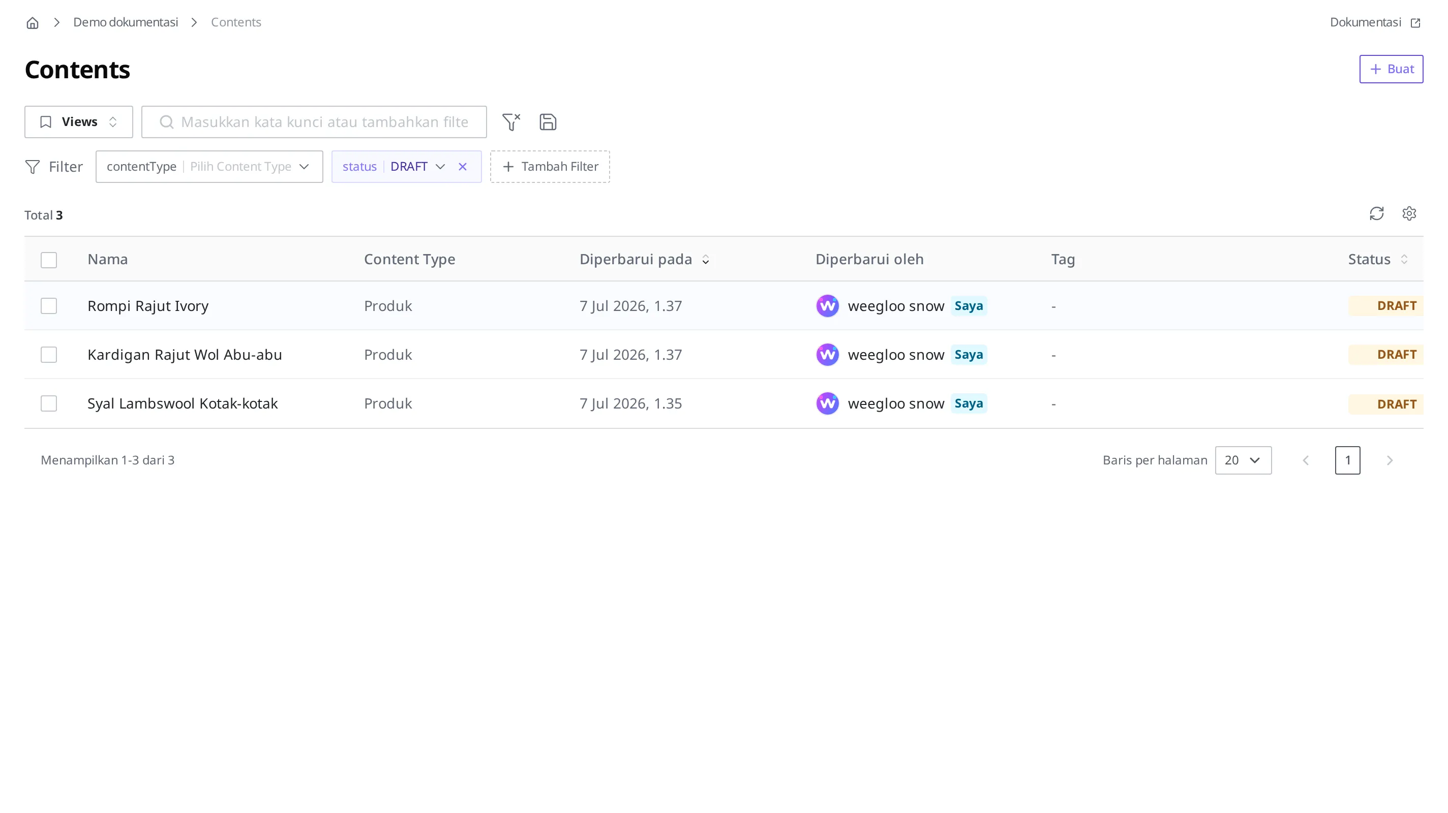 Daftar Content yang hanya menyisakan produk berstatus Draft karena filter status = Draft diterapkan