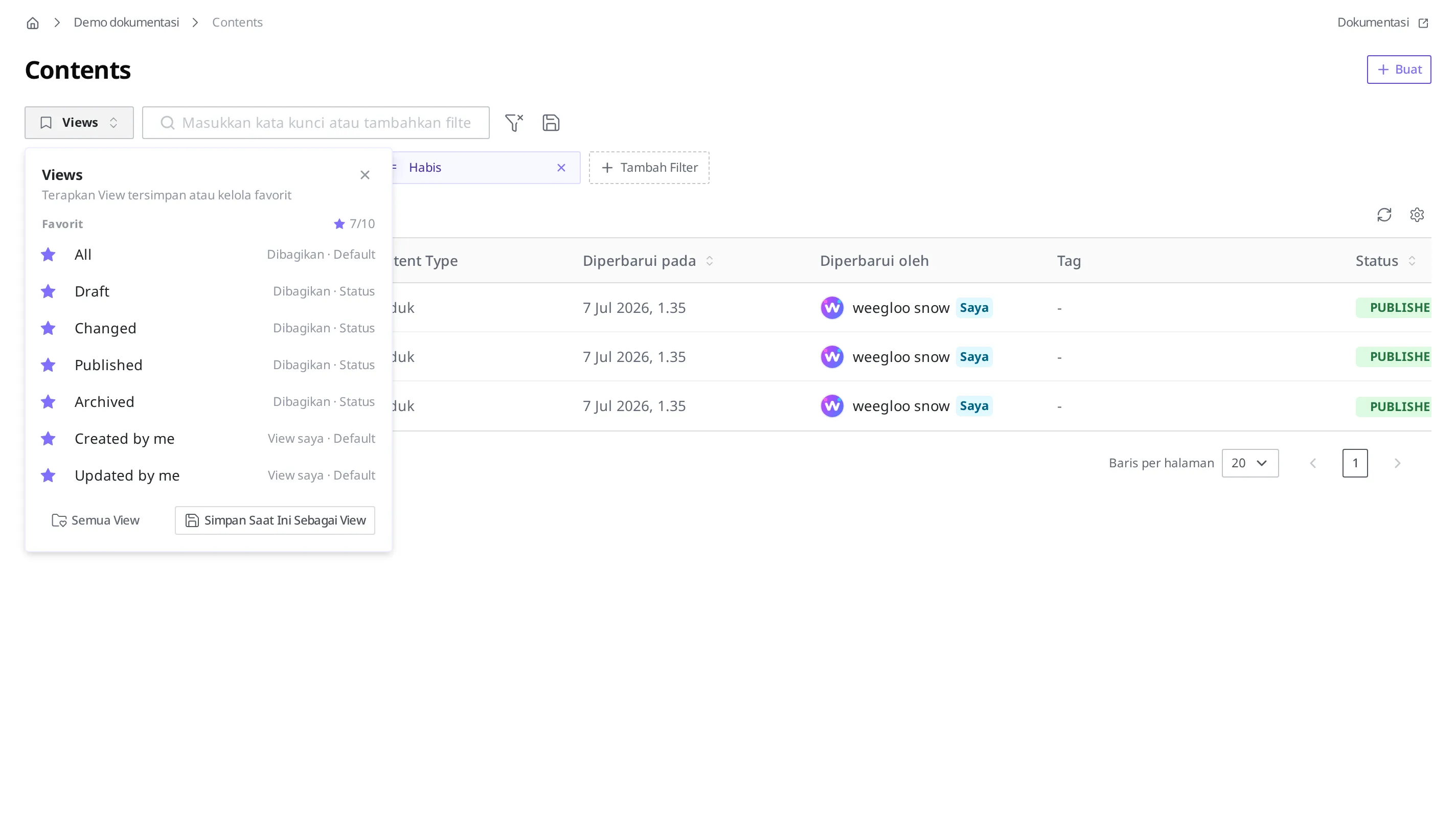 Daftar View yang terbuka saat menekan tombol Views. Terlihat All·Draft·Changed·Published·Archived serta Created by me·Updated by me