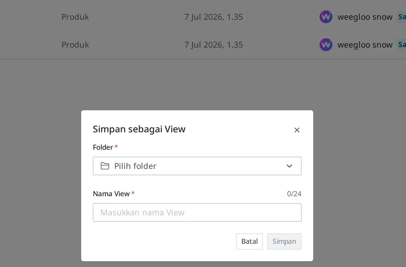 Dialog Simpan sebagai View. Terlihat pilihan Folder, kotak input Nama View, dan tombol Batal serta Simpan