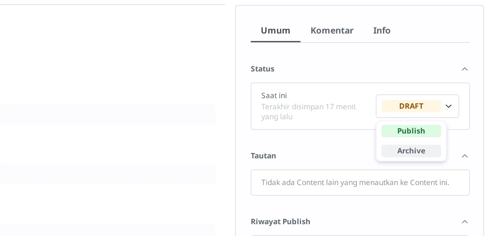 Dropdown yang terbuka saat menekan badge status Draft. Terlihat dua item: Publish·Archive