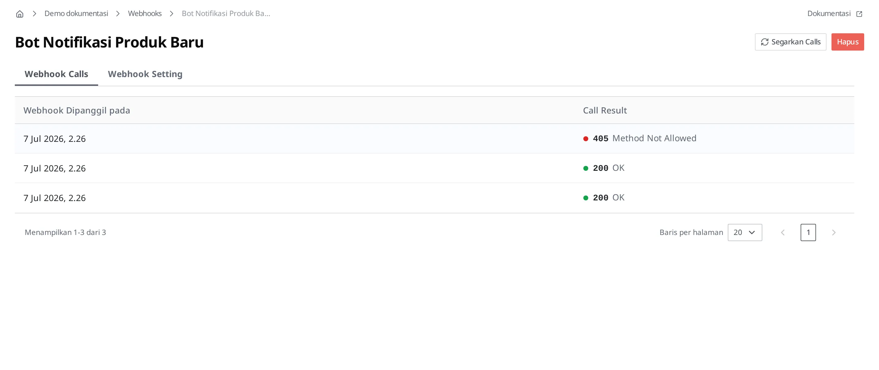 Tab Webhook Calls pada detail Webhook. Pada kolom Webhook Dipanggil pada·Call Result tercampur dua kode respons berhasil dan satu kode respons gagal