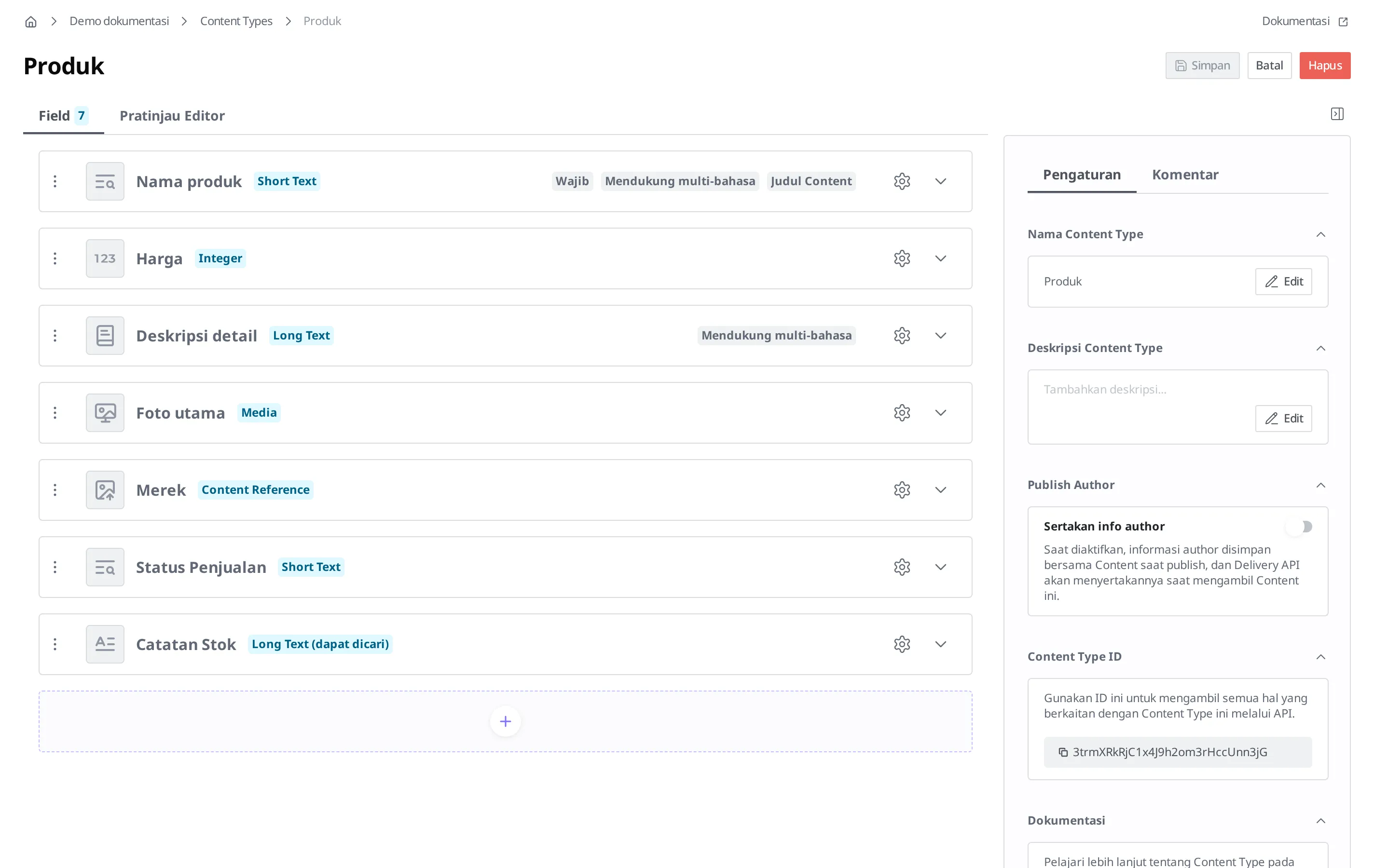 Layar edit Content Type Produk. Terlihat 7 Field yaitu Nama Produk, Harga, Deskripsi Detail, Foto Utama, Merek, Status Penjualan, dan Catatan Stok, serta di paling bawah ada tempat "+" untuk menambahkan Field baru