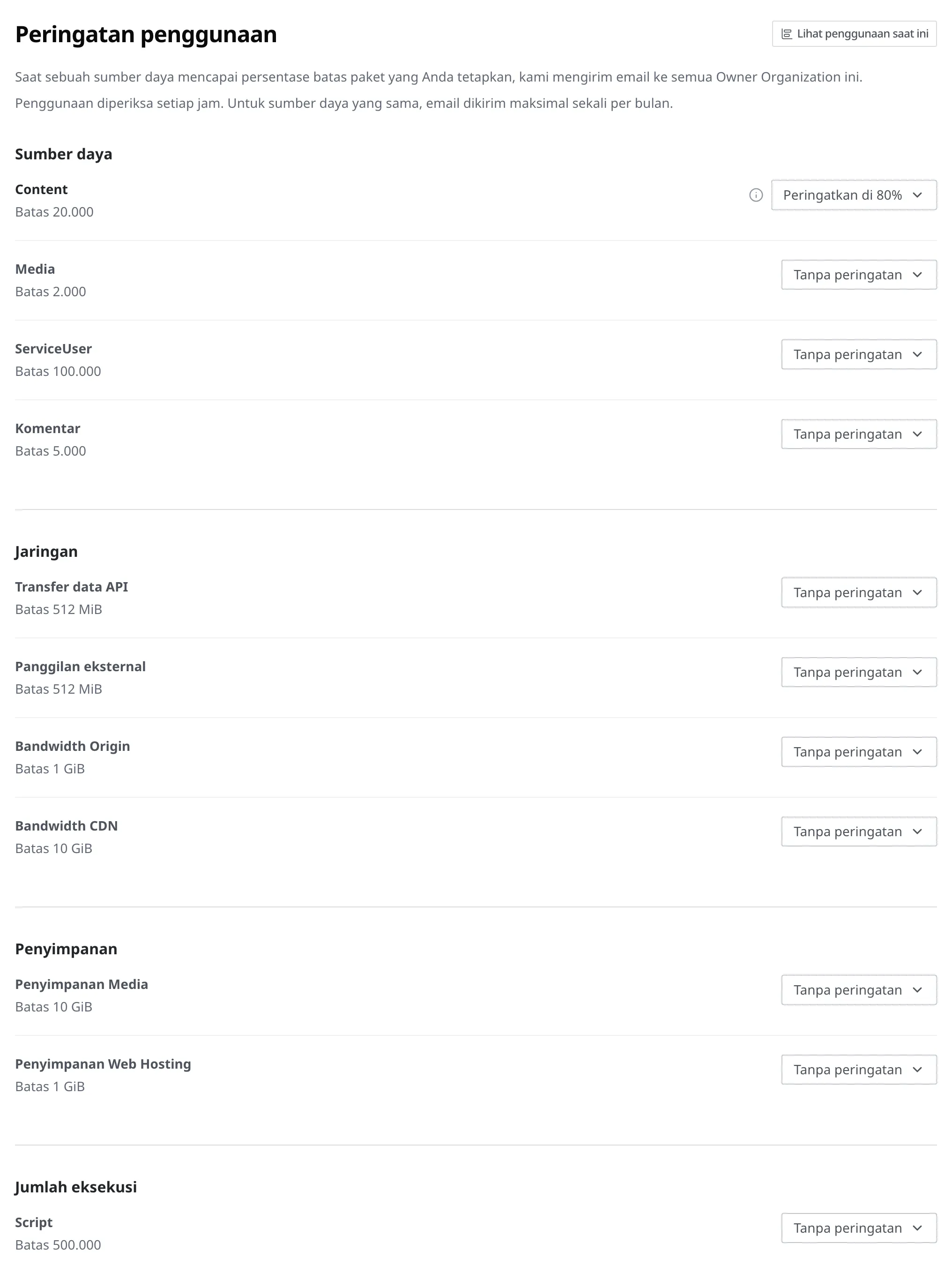 Layar Peringatan penggunaan sebuah Organization. Terlihat empat kelompok (Sumber daya, Jaringan, Penyimpanan, Jumlah eksekusi), batas tiap item, dan kotak pilihan persentase di sebelah kanan, dengan Content diatur untuk memperingatkan di 80%