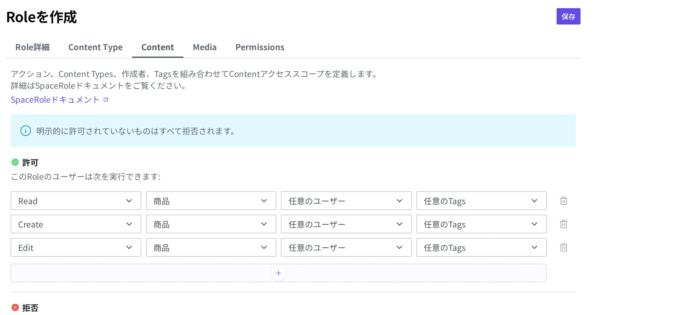 Content 権限タブで Read・Create・Edit の三つのルールを「商品」に限定して許可した状態