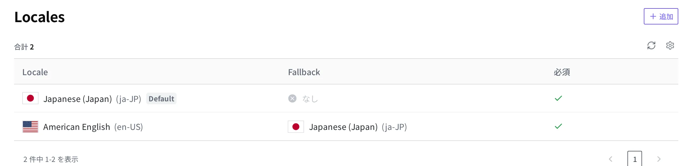 スペースに日本語と英語の二つの Locale が設定され、日本語が基準として表示された画面