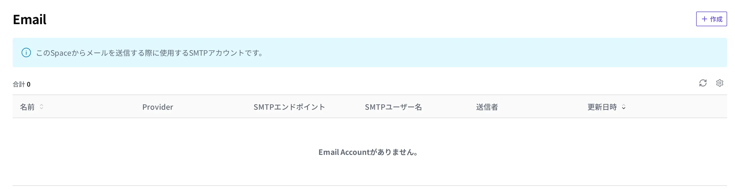 Email 一覧画面。登録された Email Account がまだ一つもない空の状態で、右上に作成ボタンが見える