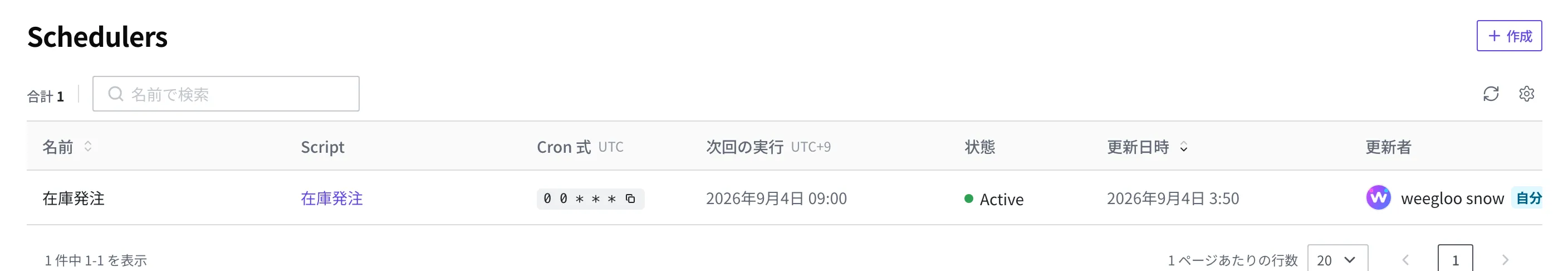 Scheduler 一覧画面。「在庫発注」が名前・Script・cron 式・次回の実行・状態 Active と一緒に一行で表示されている状態。cron の欄の見出しに UTC、次回の実行の欄の見出しに UTC±N の表示