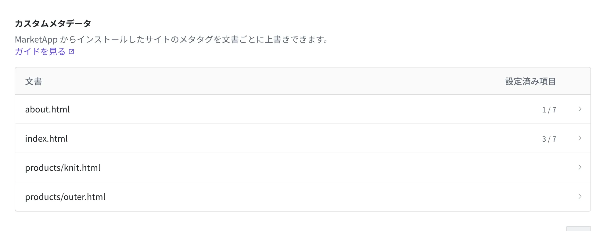 カスタムメタデータの表。about.html と index.html は設定済み項目が 1/7 と 3/7 で、products 配下の二つの文書は空になっている
