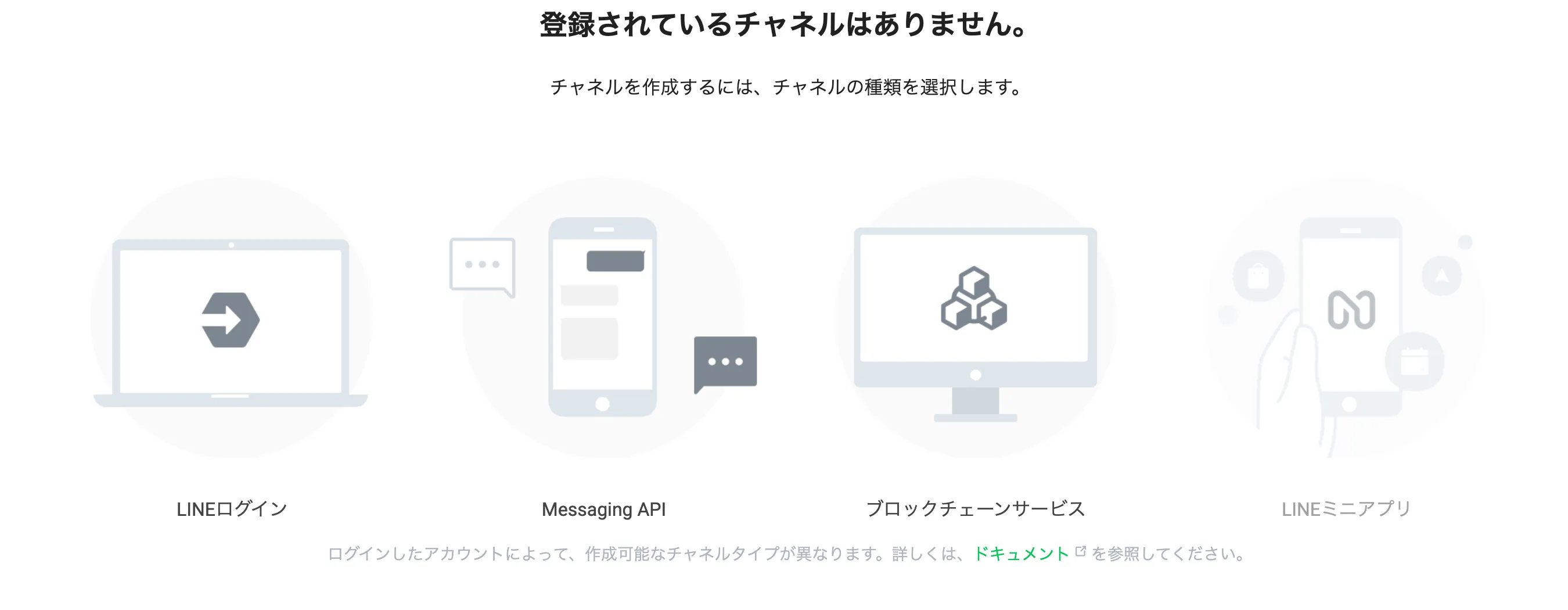 チャネルの種類を選ぶ画面。LINEログイン、Messaging API、ブロックチェーンサービス、LINEミニアプリという四つのカードが表示されています
