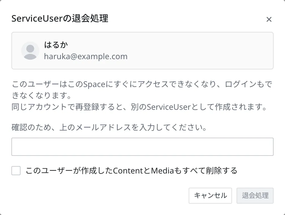 会員の退会処理画面。上のカードに対象の会員(はるか・haruka@example.com)があり、その下にメールアドレスの確認入力欄と「このユーザーが作成したContentとMediaもすべて削除する」チェックボックスがオフのまま表示されている