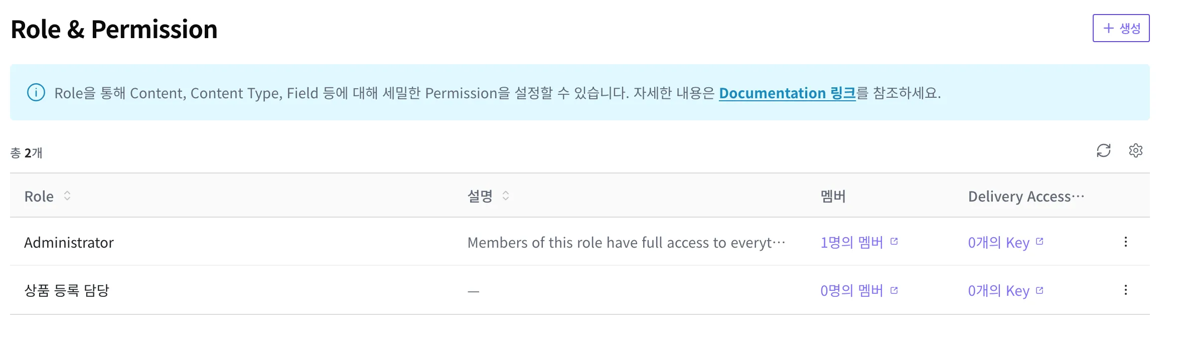 Role & Permission 목록에 "상품 등록 담당"과 "Administrator"가 함께 보이는 화면