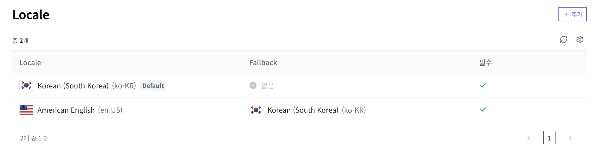 스페이스에 한국어와 영어 두 Locale이 설정되고 한국어가 기준으로 표시된 화면