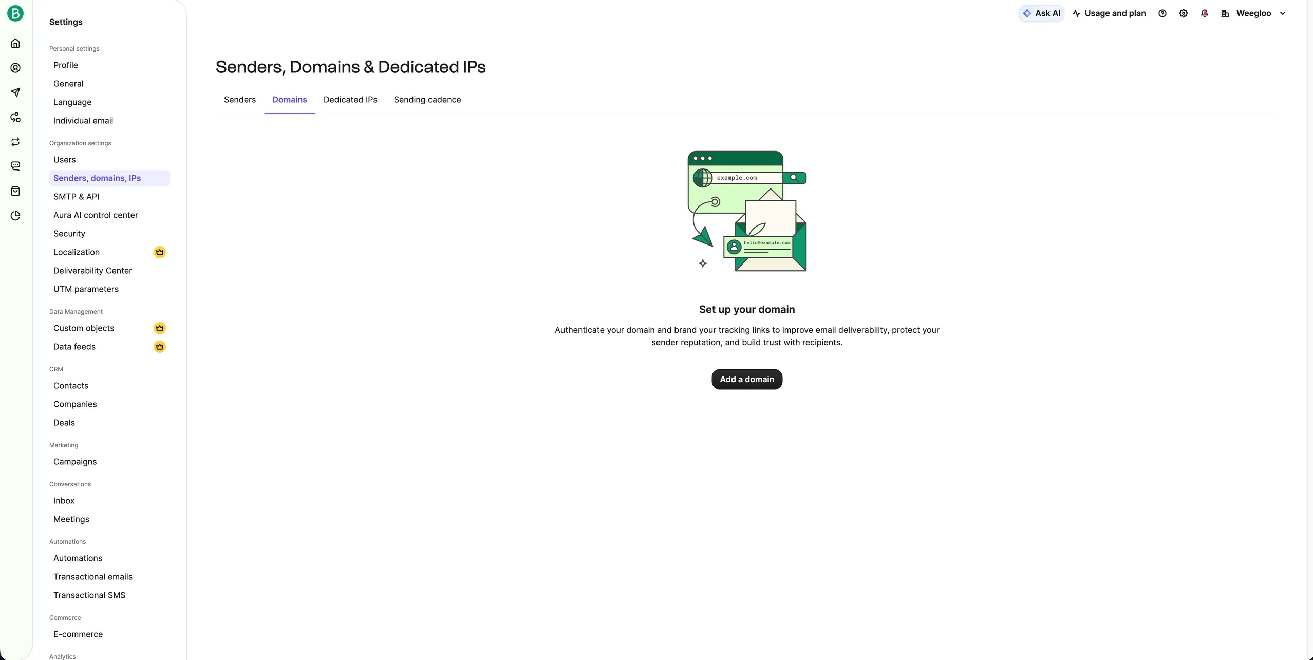 Brevo의 Senders, Domains & Dedicated IPs 화면. Domains 탭이 열려 있고 등록된 도메인이 없는 빈 상태에서 Add a domain 버튼이 보입니다